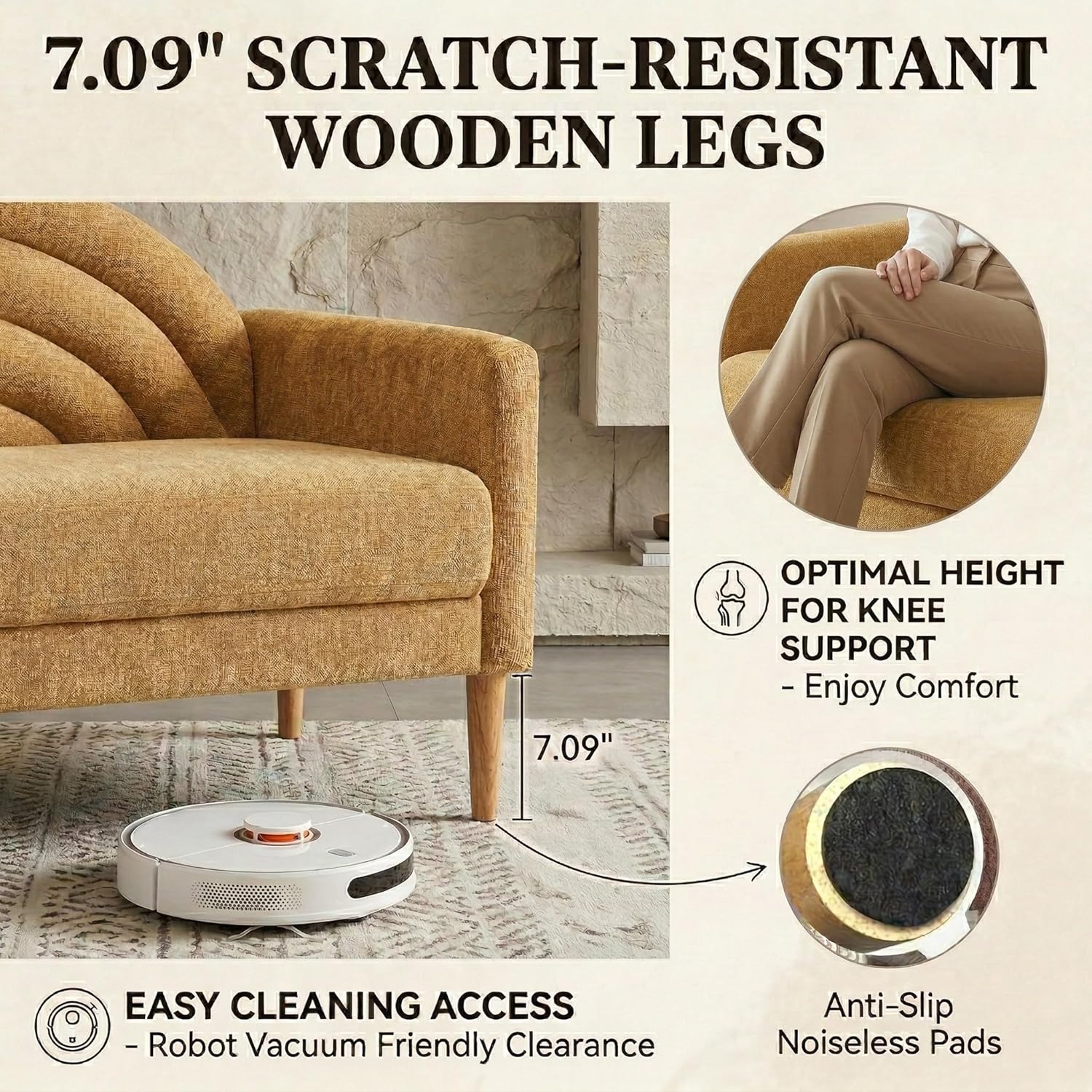 49" Small Loveseat Sofa for Small Spaces, Mid Century Modern Sofa, Linen Upholstered Furniture with Wood Frame, Mini Couch for Living Room/Bedroom/Apartment, Office Couch, Easy Assembley, Yellow