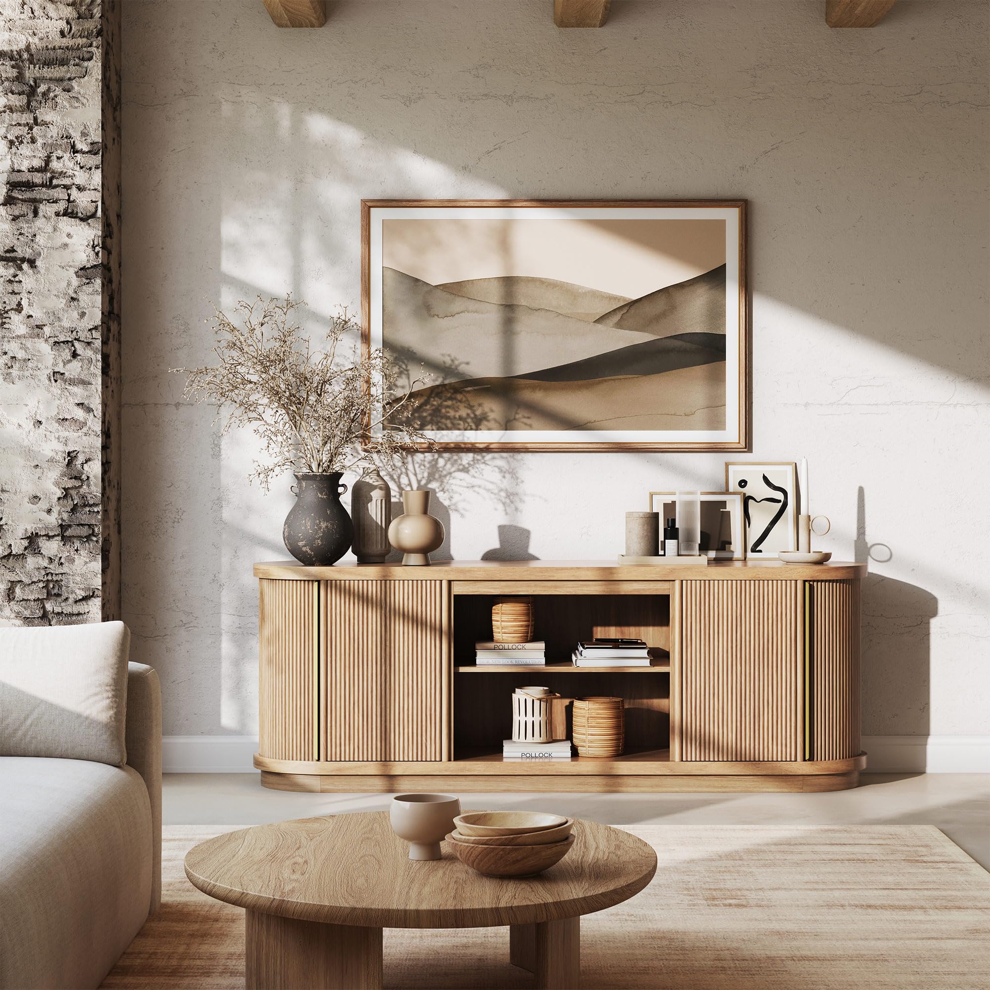 belleze 67" fluted tv stand, curved entertainment center with sliding tambour doors, media console table for tv up to 75" for living room (camel)