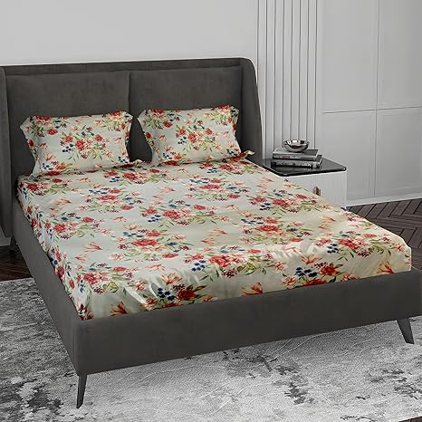 LABHAM - Crystal 140Gsm Glace Cotton Floral Abstract Print Super Soft Double Bed King Size Bedsheet (90'' x 100'') with 2 Pillow Covers (Beige, Red & Blue)(CR/DB/05)