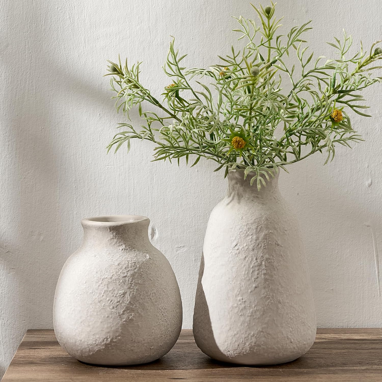 Ceramic Vase Set of 2 for Home Decor, 6.1"+8.23" Handcrafted Off-White Rustic Terracotta Vases, Vintage Farmhouse Decor, Minimalist Decorative Vases for Table Centerpiece Fireplace Nightstand