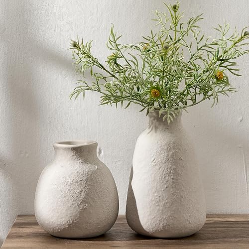 Ceramic Vase Set of 2 for Home Decor, 6.1"+8.23" Handcrafted Off-White Rustic Terracotta Vases, Vintage Farmhouse Decor, Minimalist Decorative Vases for Table Centerpiece Fireplace Nightstand
