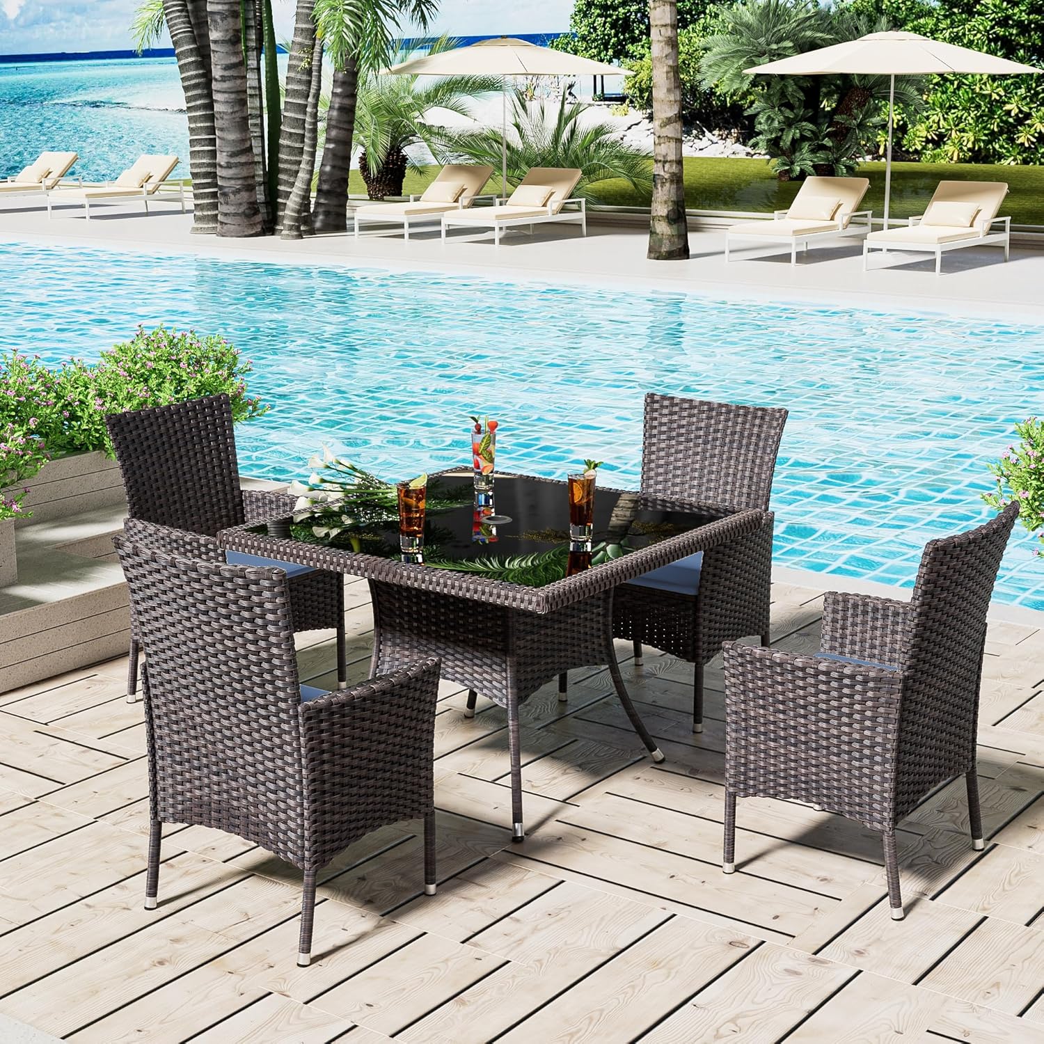 5 Pieces Dining Sets for 4 with Rattan Wicker Dining Set Chairs and Square Table Glass Top with Umbrella Cutout, Outdoor and Indoor Set for Patio, Backyard, Garden, Poolside, Kitchen-Navy