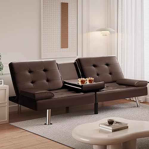 Miniatura 19 de VICTONE Sofá cama futón moderno de piel sintética, sillón reclinable plegable convertible para sala de estar con 2 portavasos y reposabrazos (negro)