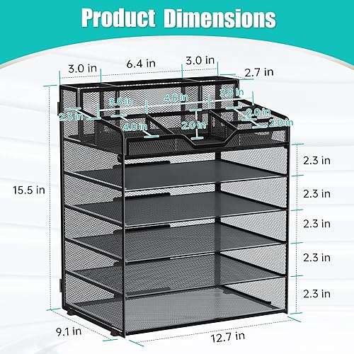 Miniatura 2 de Organizador de escritorio de malla de 6 niveles, bandeja de papel multifuncional con 3 soportes para bolígrafos y 5 compartimentos de almacenamiento