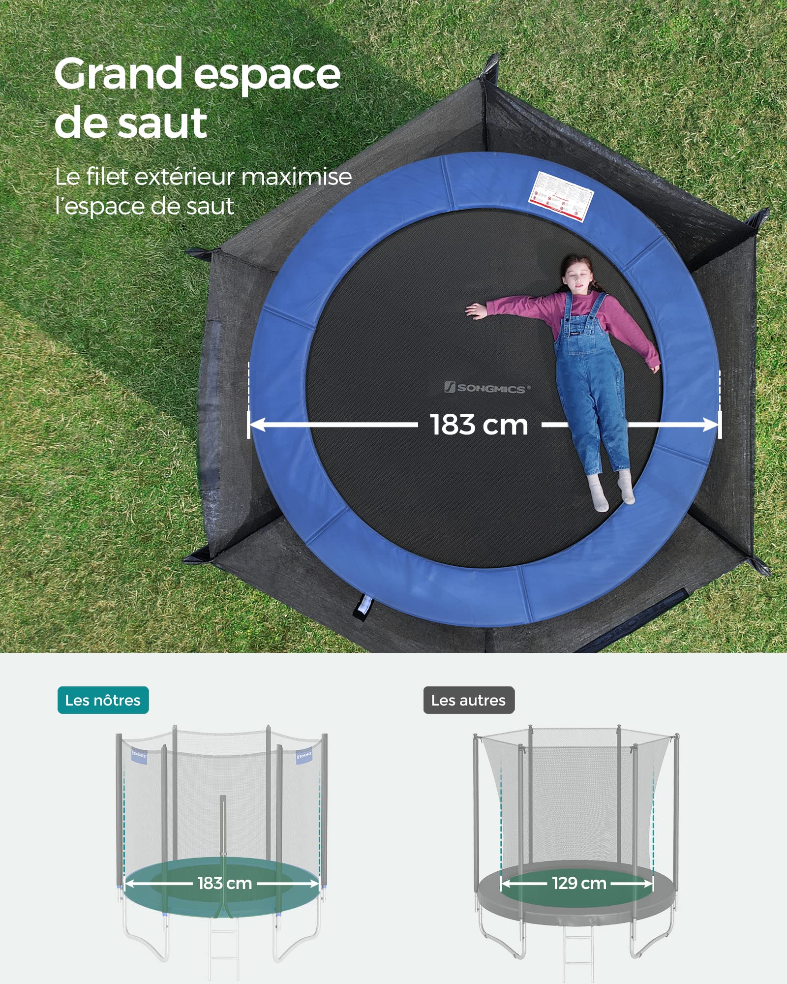 SONGMICS Trampoline Extérieur Enfant Diamètre 183/244/305/366/427 cm, Filet de Protection Externe, Coussins de Sécurité, Échelle, Poteau Droit de 180 cm de Haut, Cadre en Acier