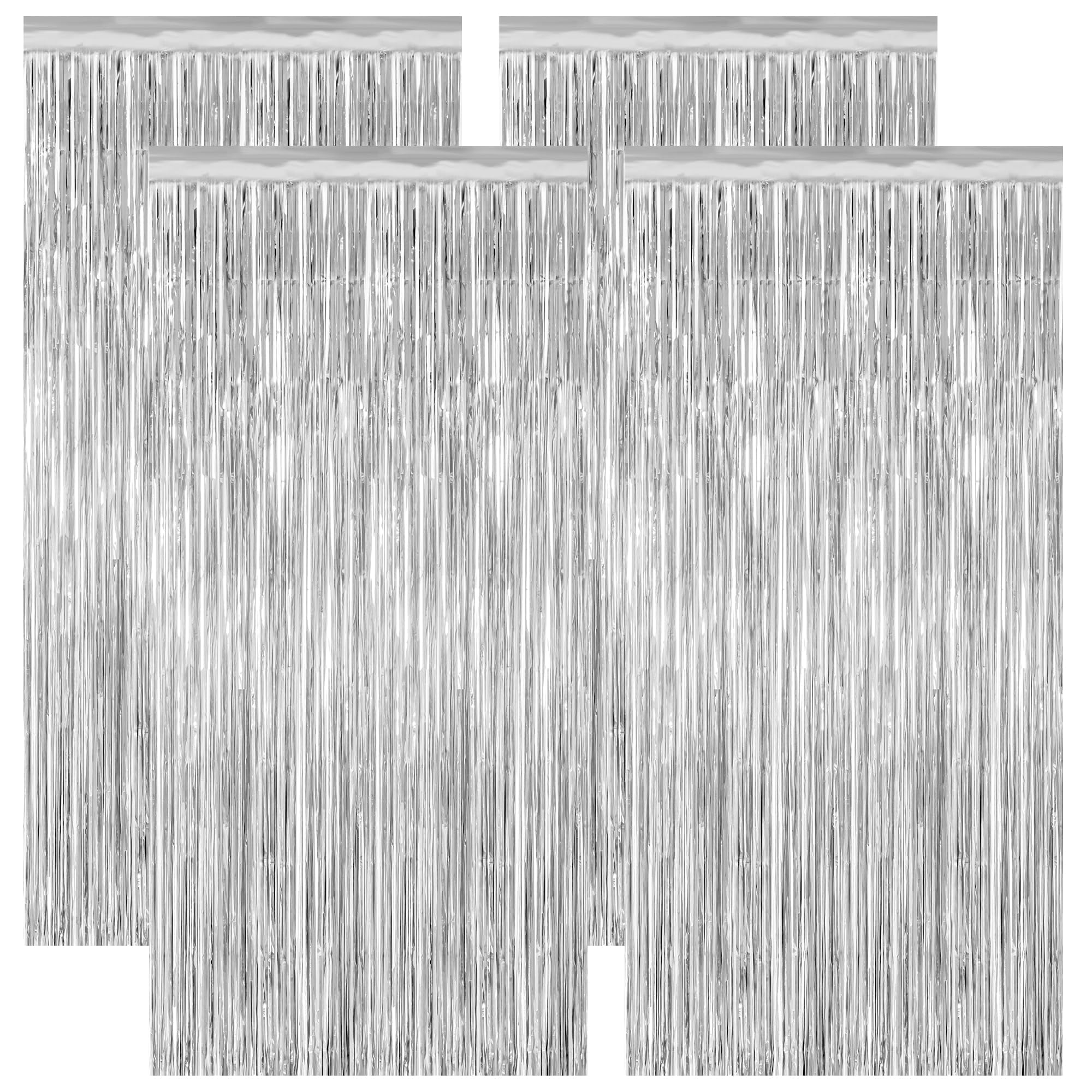 4 Pack Party Decorations, Metallic Silver Backdrop, Photo Booth Props Silver Curtains Tinsel Backdrop Foil Streamer, 21st Birthday Decorations Bachelorette Decor