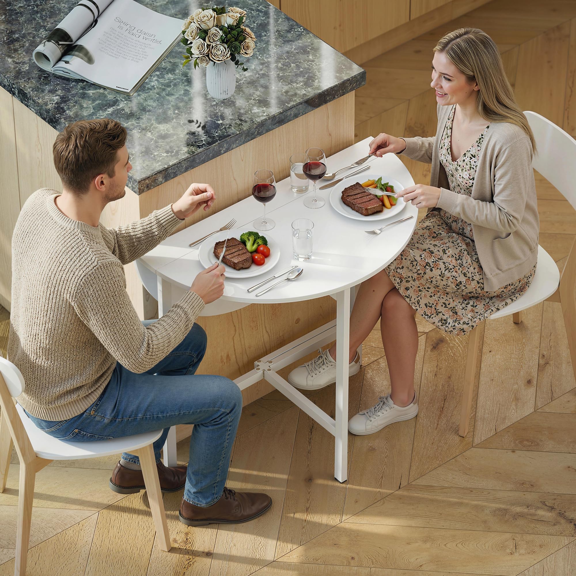 HOMCOM Tavolo da Pranzo Rotondo Pieghevole per 2-4 Persone, Ø80 cm Tavolo Cucina a Ribalta con Gambe a X in Acciaio, Salvaspazio per Soggiorno Sala da Pranzo, Bianco