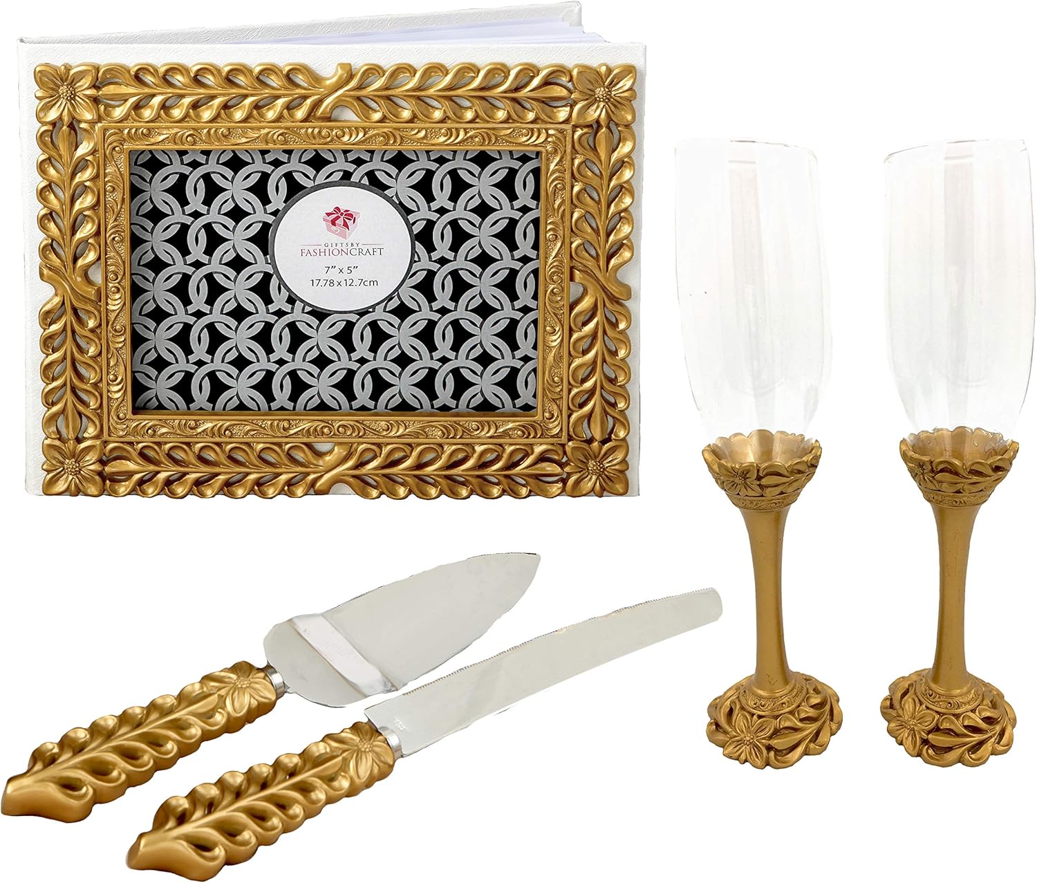 FASHIONCRAFT Elegant Glasses with Cake Knife and Server 5 Piece Set (Baroque Gold)