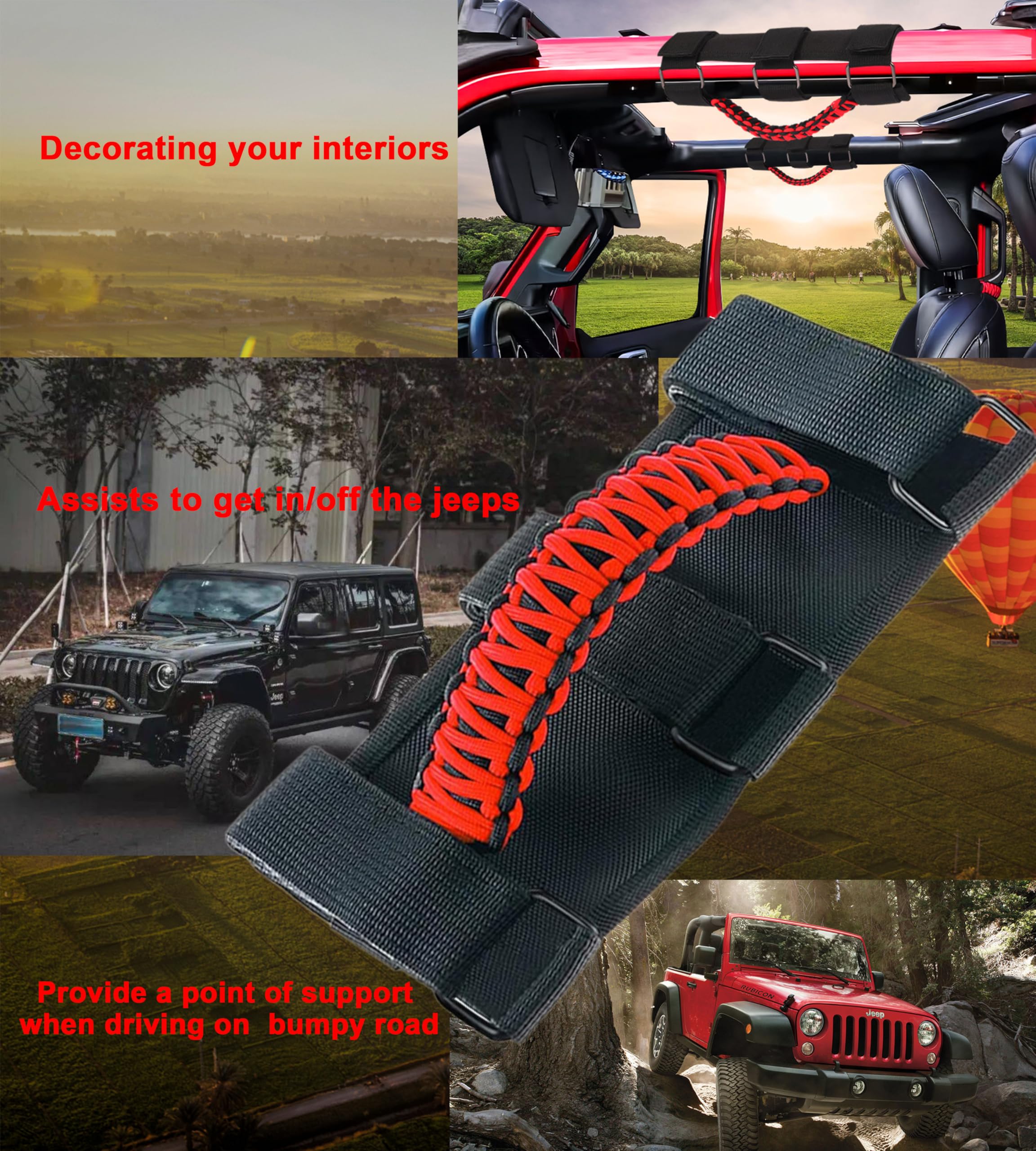 Hotwinline Heavy-Duty Roll Bar Grab Handles for Jepp Wrangler JK JL TJ & Gladiator 1996-2023 - No Drill Overhead Assist with Quick Release, for Off-Road & Easy Entry (4 Pack, Red)