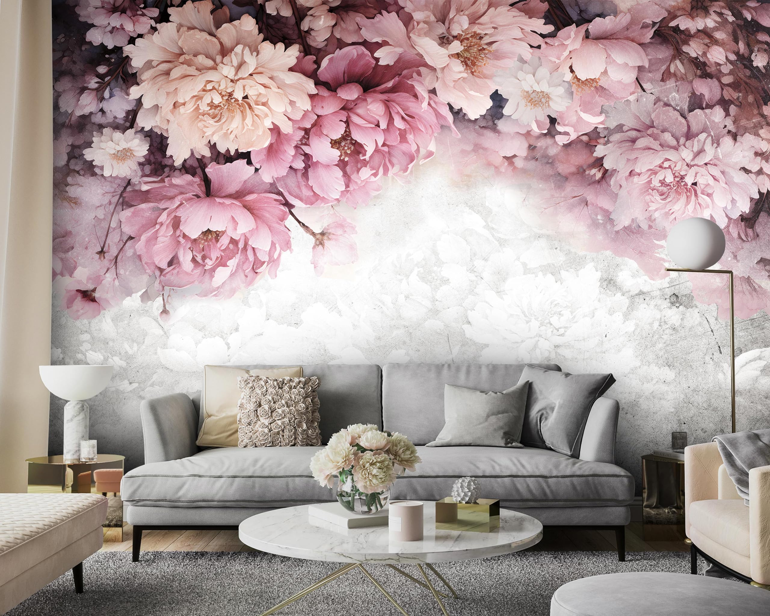 WallArena Vlies Fototapete Blumen Pfingstrosen Rosen Beton 368x254 cm | Hochwertige Vliestapete, für Wohnzimmer Schlafzimmer, Vliestapete Wandtapete Tapete 3D Effekt- inkl. Kleister