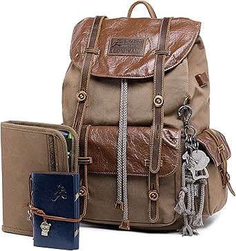 WAY ONE Canvas and Leather Backpack Men Vintage Carry on Knapsack Rucksack Travel Laptop Backpacks Brown and Grey