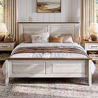 LINSY Farmhouse Bed Frame, Full Bedframe with Headboard and Footboard, Wooden Bed Frame with Solid Wood Slats, Rustic Beige Platform Bed Frames Full Size, No Box Spring Needed