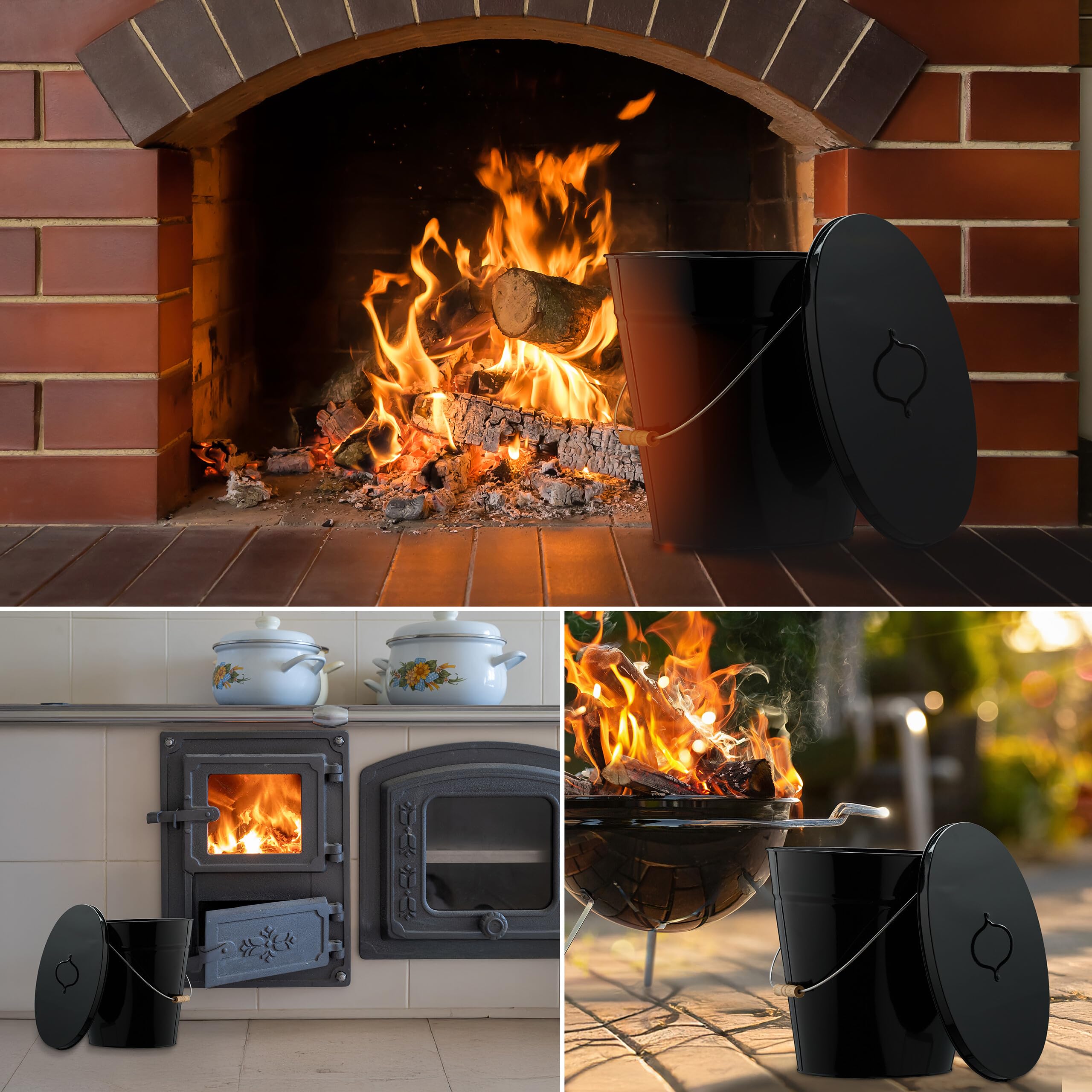 Relaxdays Secchio Raccogli Cenere con Coperchio, Cestello 12 L per Carbone e Bricchetti Camino e Stufa, Acciaio, Nero
