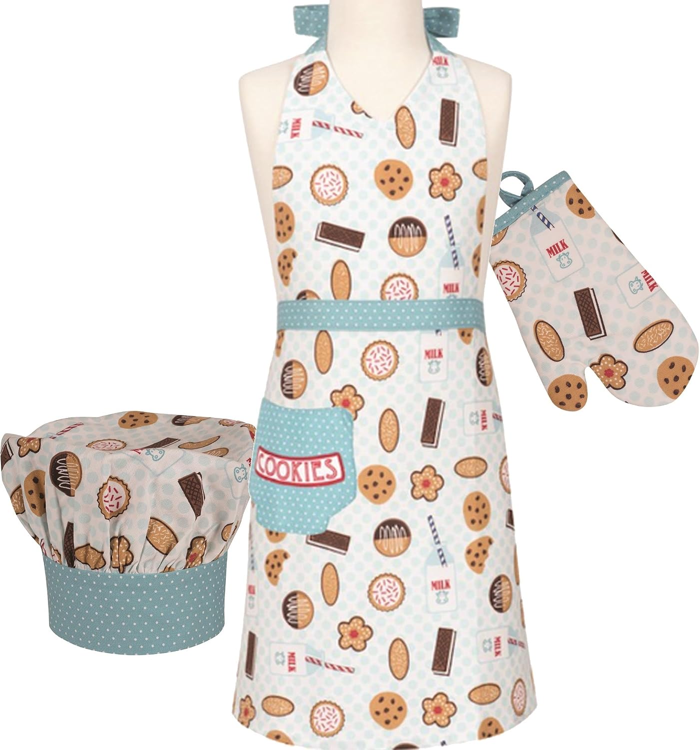 Handstand Kitchen Girls Apron, Mitt and Chef's Hat Set - Pretty Prints | 100% Cotton, Durable, Patch Pockets, Machine Washable, Pretty Print, Adjustable Tie Neck and Waist, Fits Kids 6 - 10 Years