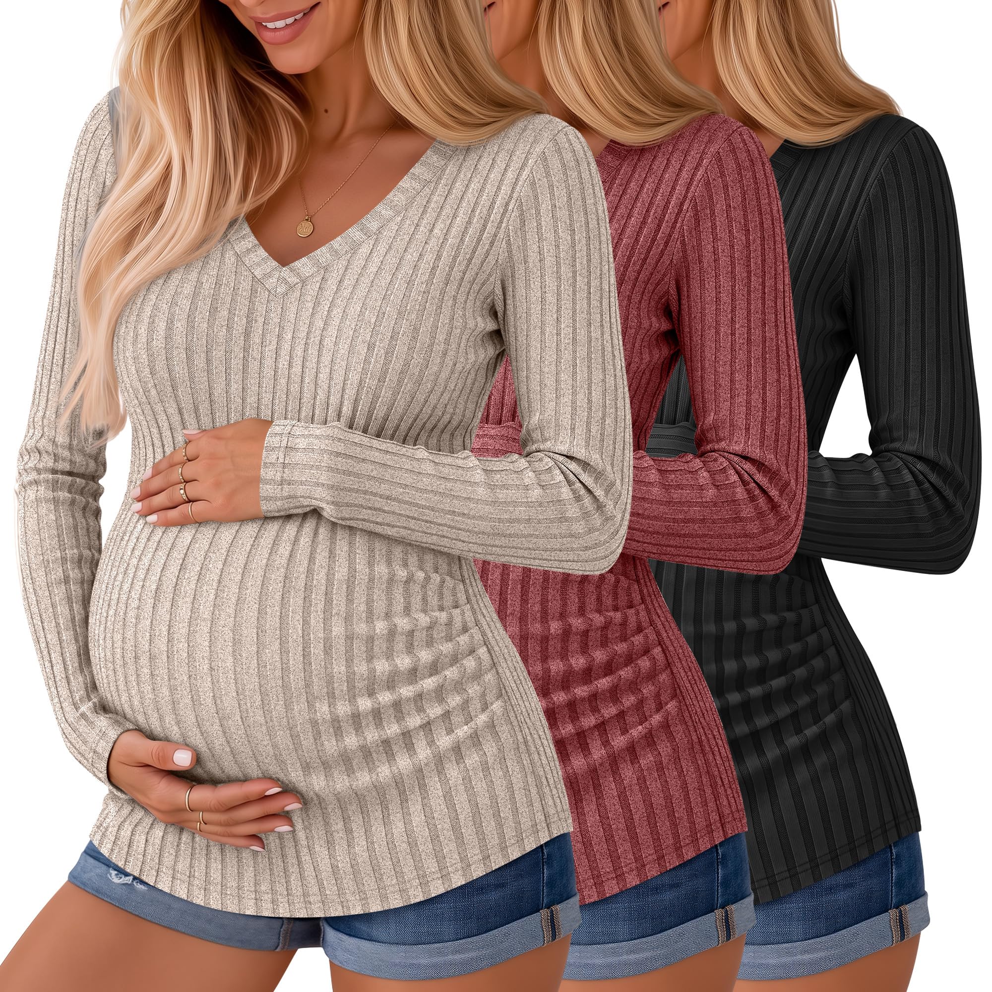 Ficerd 3 Pack Women Maternity Ribbed Long Sleeve Sweater Shirts