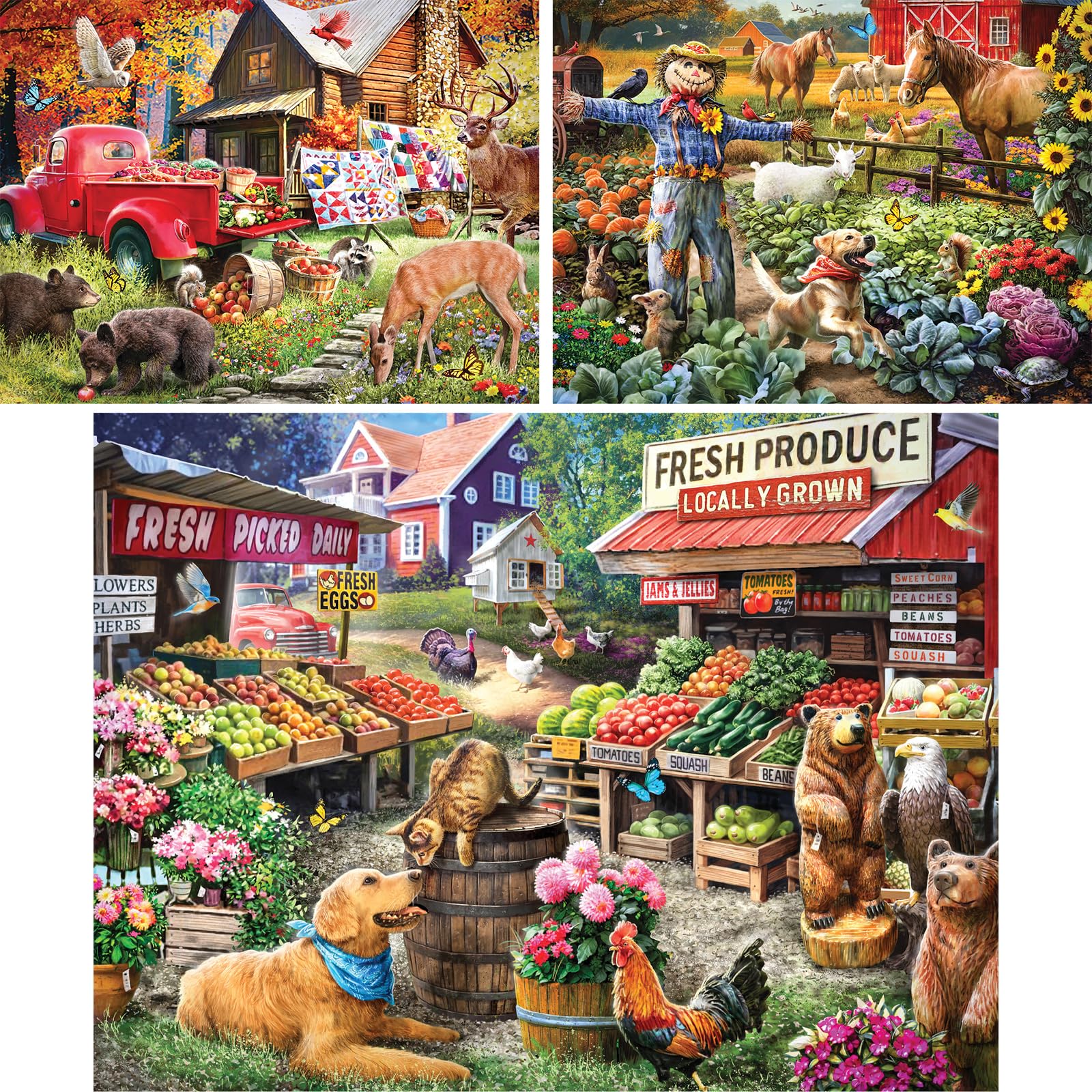 Bits and Pieces - Value Set of Three (3) 500 Piece Jigsaw Puzzles for Adults - Each Puzzle Measures 18" x 24" - Farm Vegatable Stand Jigsaws by Larry Jones