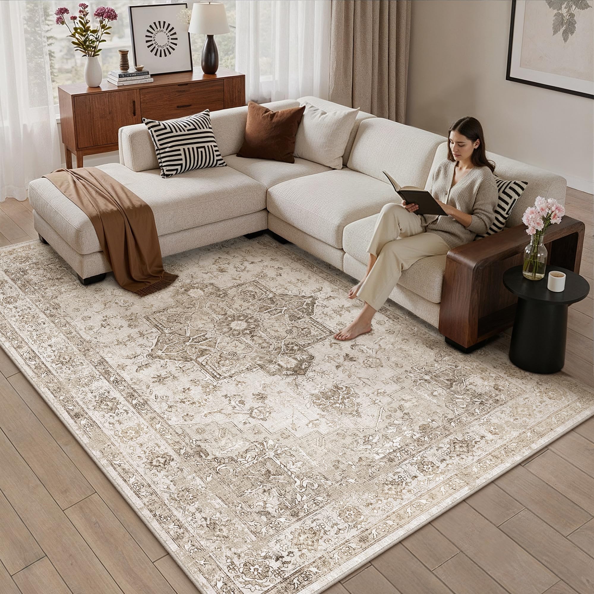 PureCozy Vintage Rugs Living Room Area Rug 160x230cm Washable Beige Bedroom Large Non Slip Soft Carpet Kitchen Bedroom Dining Room Office Indoor Low Pile Carpets โ image 1