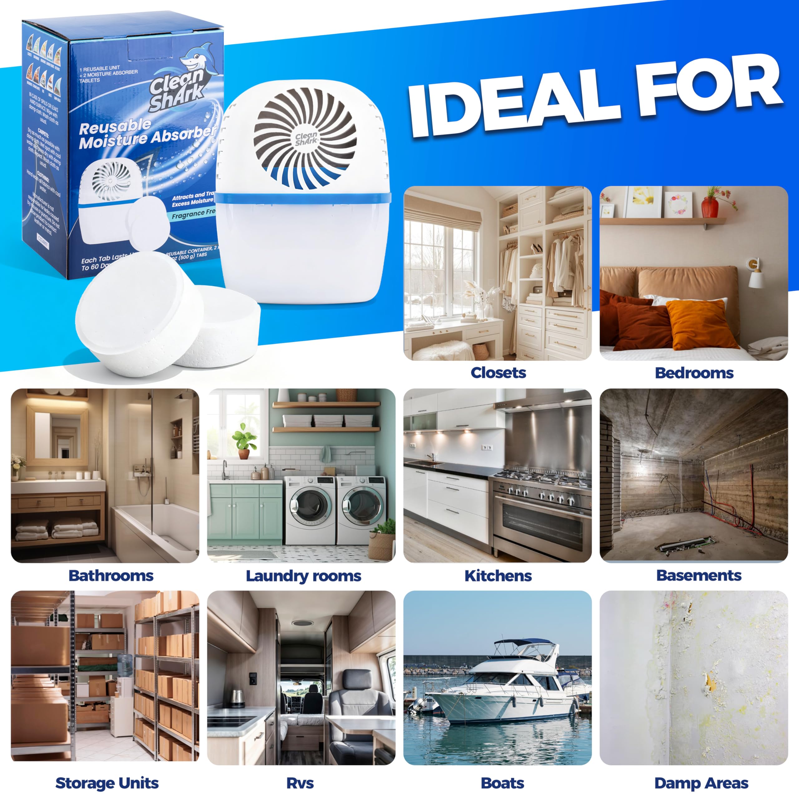 CleanShark Assorbitore di umidità con compresse drop-in, assorbitori di umidità riutilizzabili per armadi e aree umide, include 2 compresse deumidificatori a lunga durata (500 ml), senza profumo