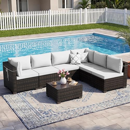 Miniatura 7 de LEVELEVE Juego de 7 muebles de patio al aire libre, juego seccional de conversación de ratán, sofá de mimbre de tejido manual con mesa de té