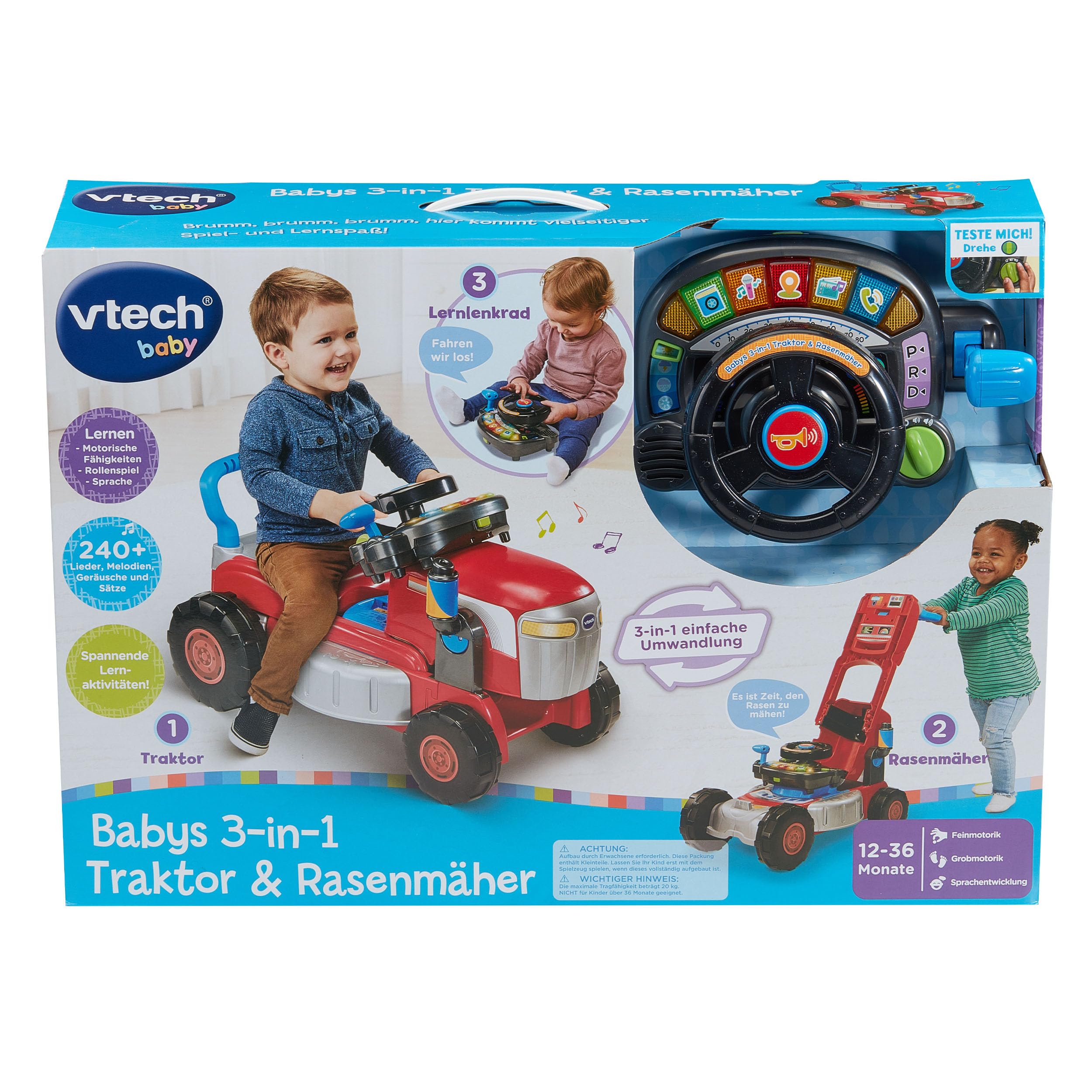 VTech Baby 3-in-1 Traktor Rasenmäher mit Lenkrad, Musik