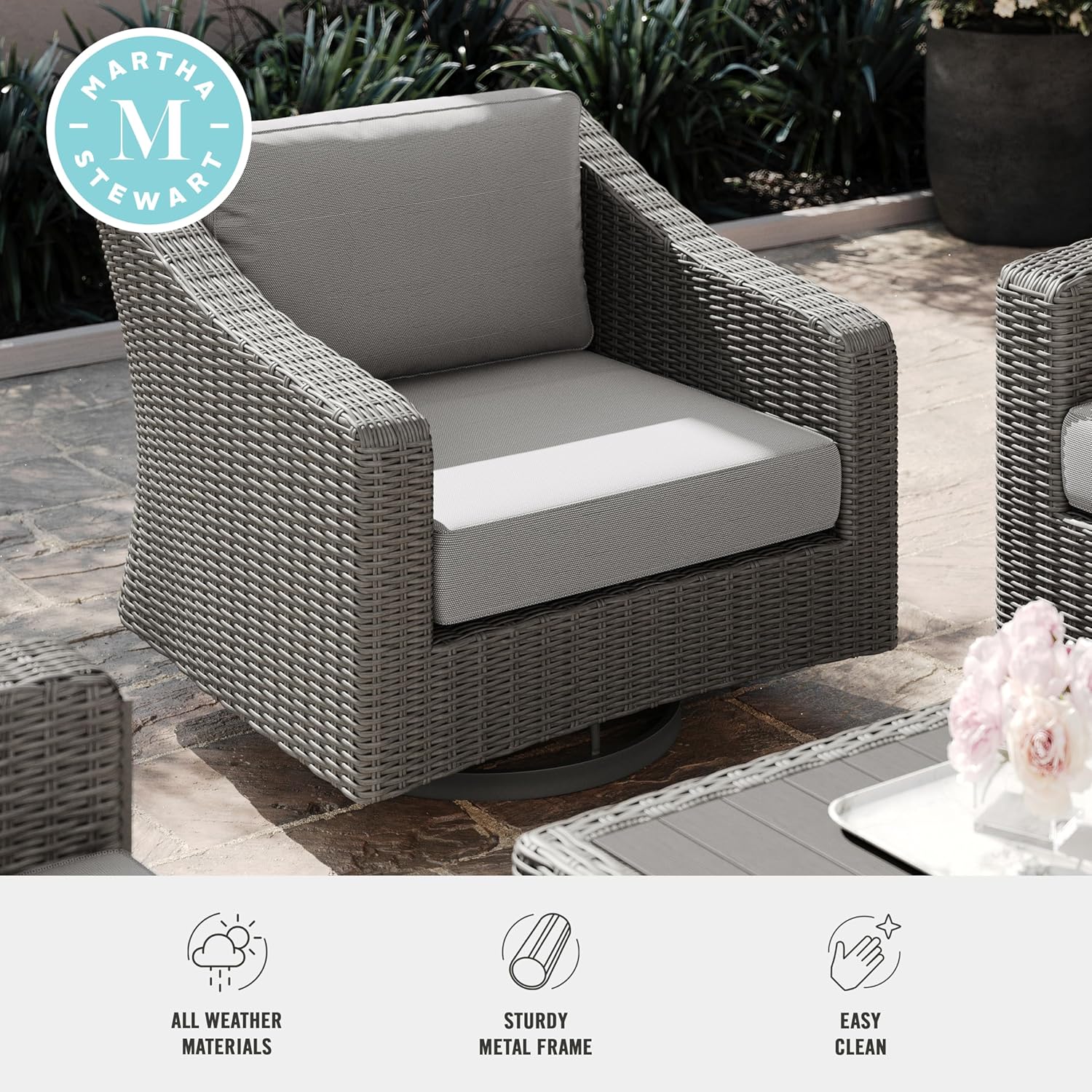 Martha Stewart Bedford Indoor-Outdoor Patio Chair with 360° Swivel Functionality and Rattan Wicker Finish in Gray with Gray All-Weather Cushions