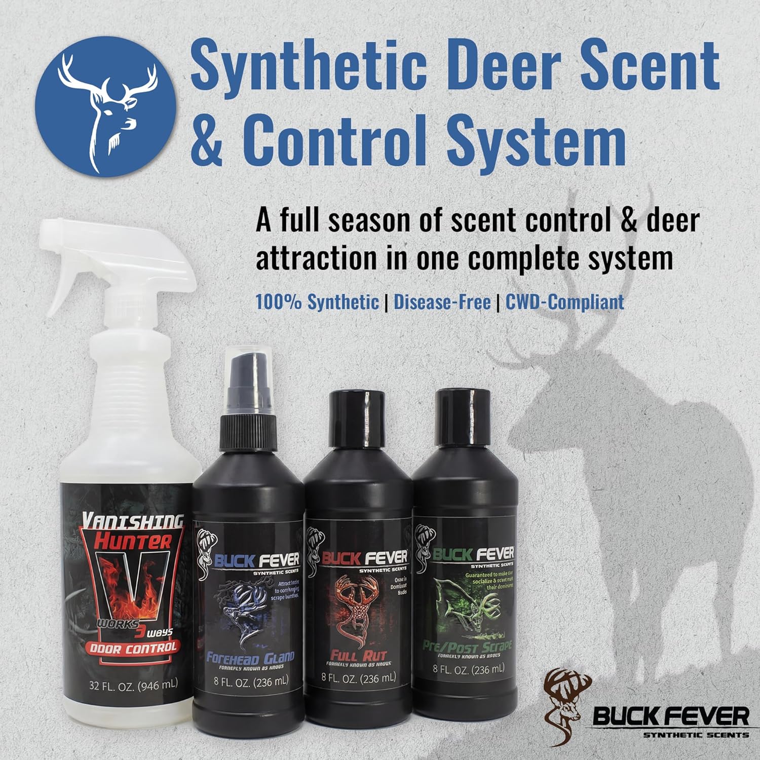 Buck Fever Synthetic Buck Lure Pro Pack – Synthetically Formulated 4-Piece Deer Scent Attractant Combo w/ Vanishing Hunter 32 oz, Rut Scents 8 oz & Forehead Gland 8 oz - Fresh, Non Spoiling Deer Lure