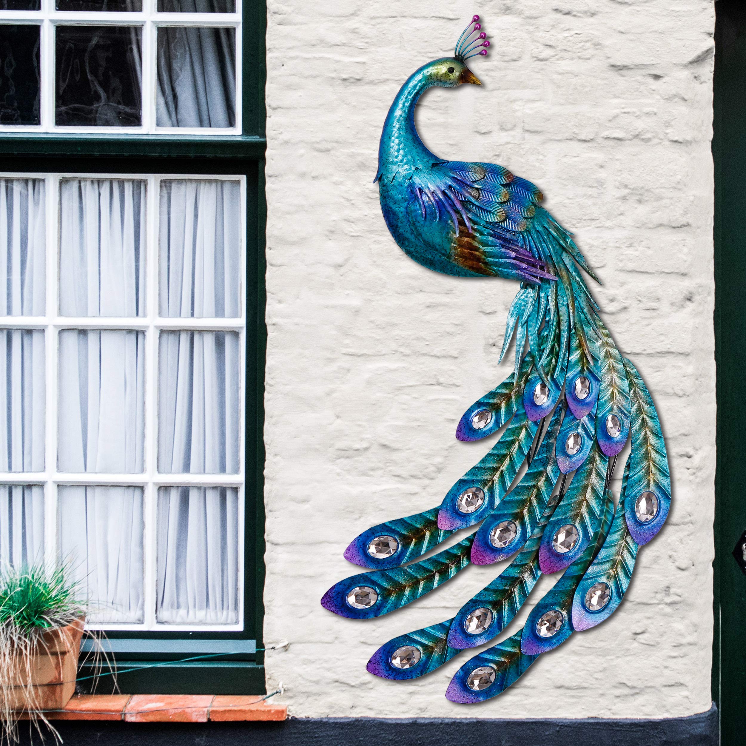 TERESA'S COLLECTIONS 47 inch Metal Peacock Decor Garden Statues and Sculptures, Garden Wall Art Indoor Outdoor Decoration, Dual Use Peacock Stake for Patio Yard Lawn Home Decor