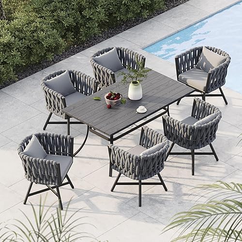 Miniatura 13 de Grand patio Juego de comedor al aire libre de 7 piezas para 6, Juego de muebles de comedor de patio con 6 sillas giratorias de mimbre de cuerda y 1