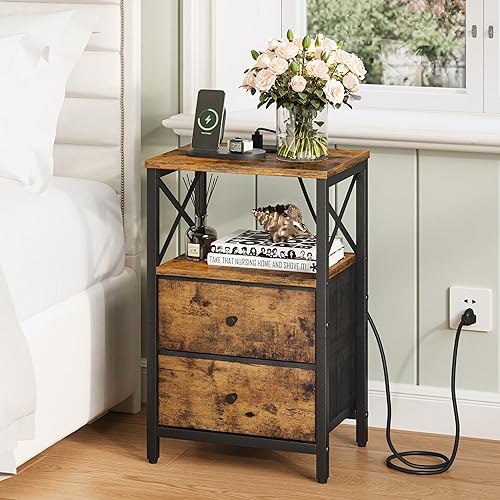 Miniatura 2 de Juego de 2 mesitas de noche con estación de carga, mesita de noche pequeña con almacenamiento, mesa auxiliar con puertos USB y tomas, con cajones de
