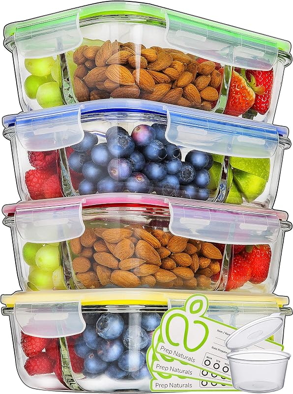 PrepNaturals 4 Pack 34oz Glass Meal Prep Containers - 3 Compartments | Borosilicate Glass Meal Prep Containers - Airtight Leak-Resistant Lids, Microwave, Oven & Freezer Safe (4-Pack, 34 oz)