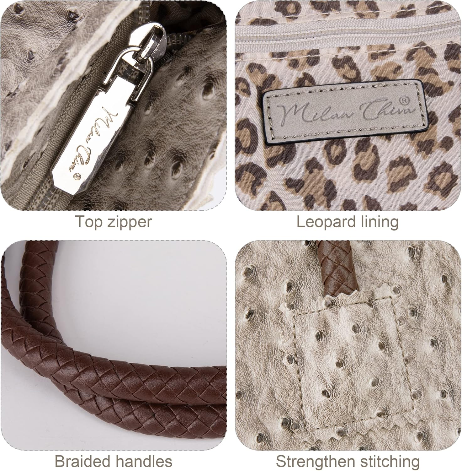 Milan Chiva Tote Bag for Women with Zipper Large Ostrich Vegan Leather Shoulder Purses and Handbags - Image 3