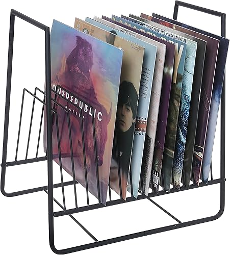 MyGift Soporte de almacenamiento de discos de vinilo de metal negro mate para soporte de exhibición de 16 ranuras