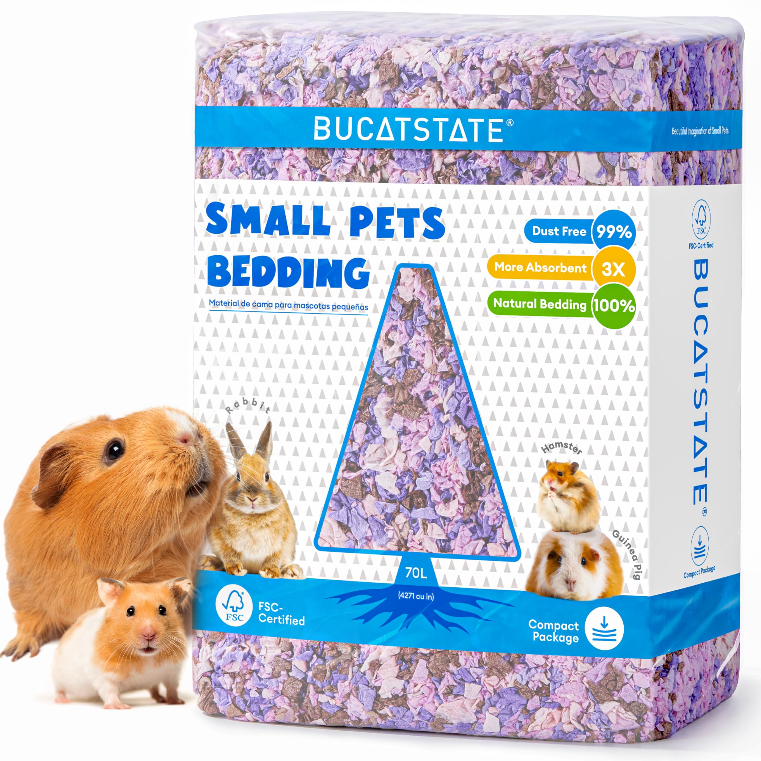 BUCATSTATE Hamster Bedding 70L, Truly 99% Dust-Free Small Animal Paper Bedding Odor Control, Soft Gerbil Litter for Guinea Pig Rabbit Rat Syrian Dwarf Hamsters (Wildflower)