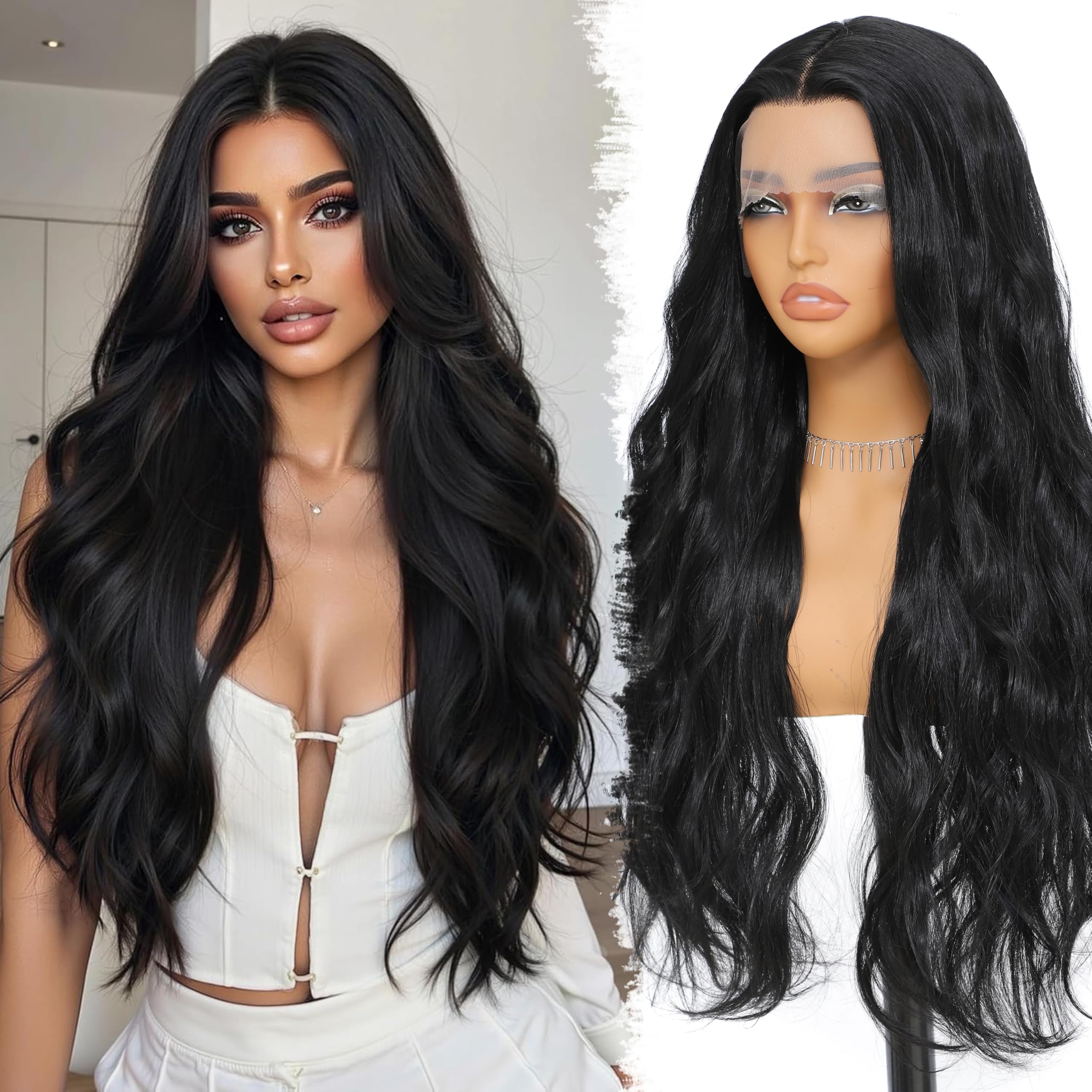 XC CLOUDS Black Synthetic Lace Front Wig 28 Inch Long Wavy Natural Wave Wigs 13×4×1 Pre Plucked Glueless Wig Synthetic Hair for Women Loose Body Wave