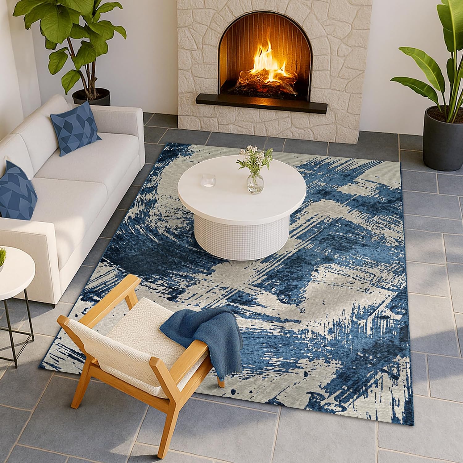 Couristan Abstract 5x8 Indoor Outdoor Area Rug - Blue and White Brushstroke Pattern, Flatwoven Poly-Chenille, Stain Resistant, Low Maintenance, Pet-Friendly Room Decor for Living Rooms or Entryways
