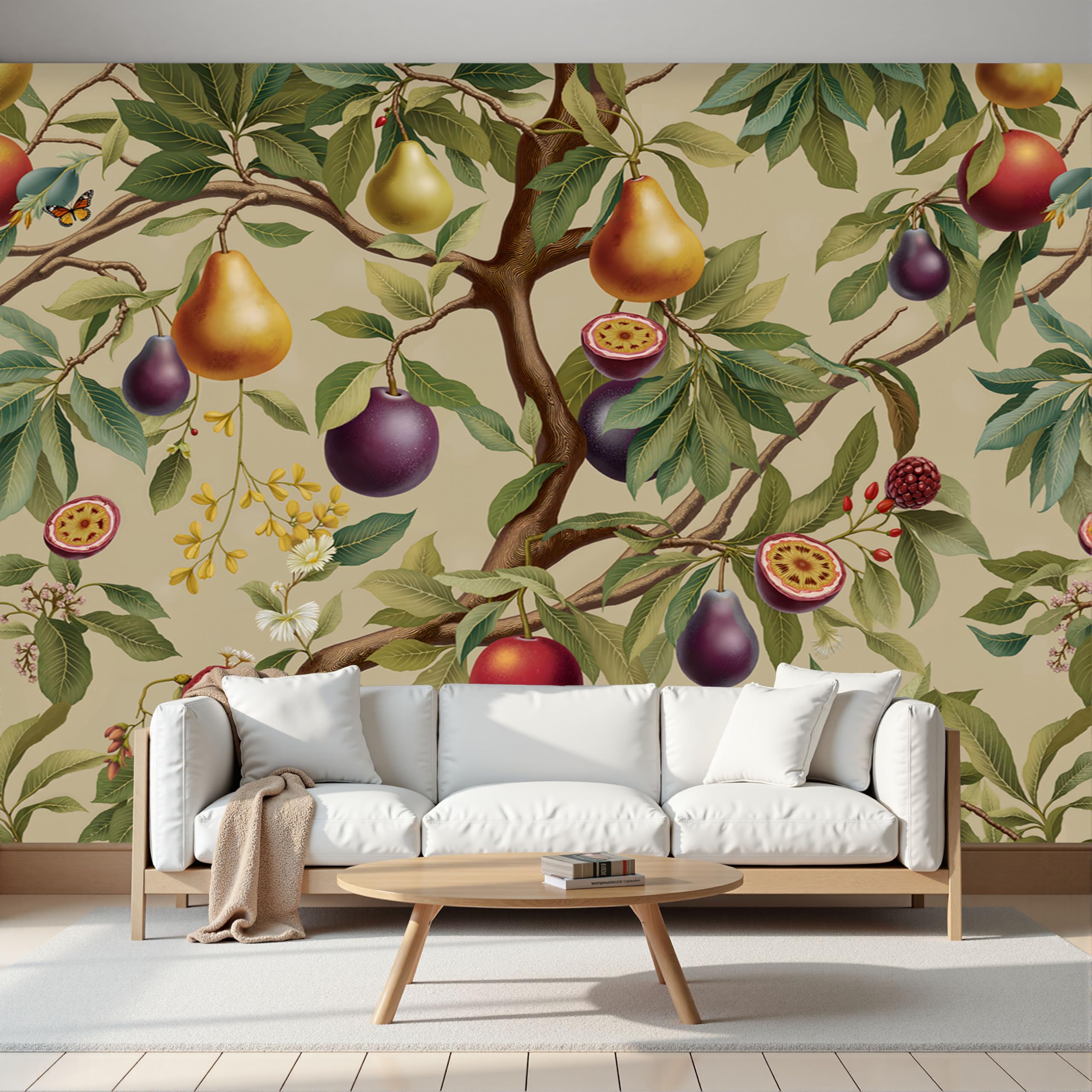 Papier peint panoramique branches d'arbres fruitiers poires 350x256cm en soie pour salon