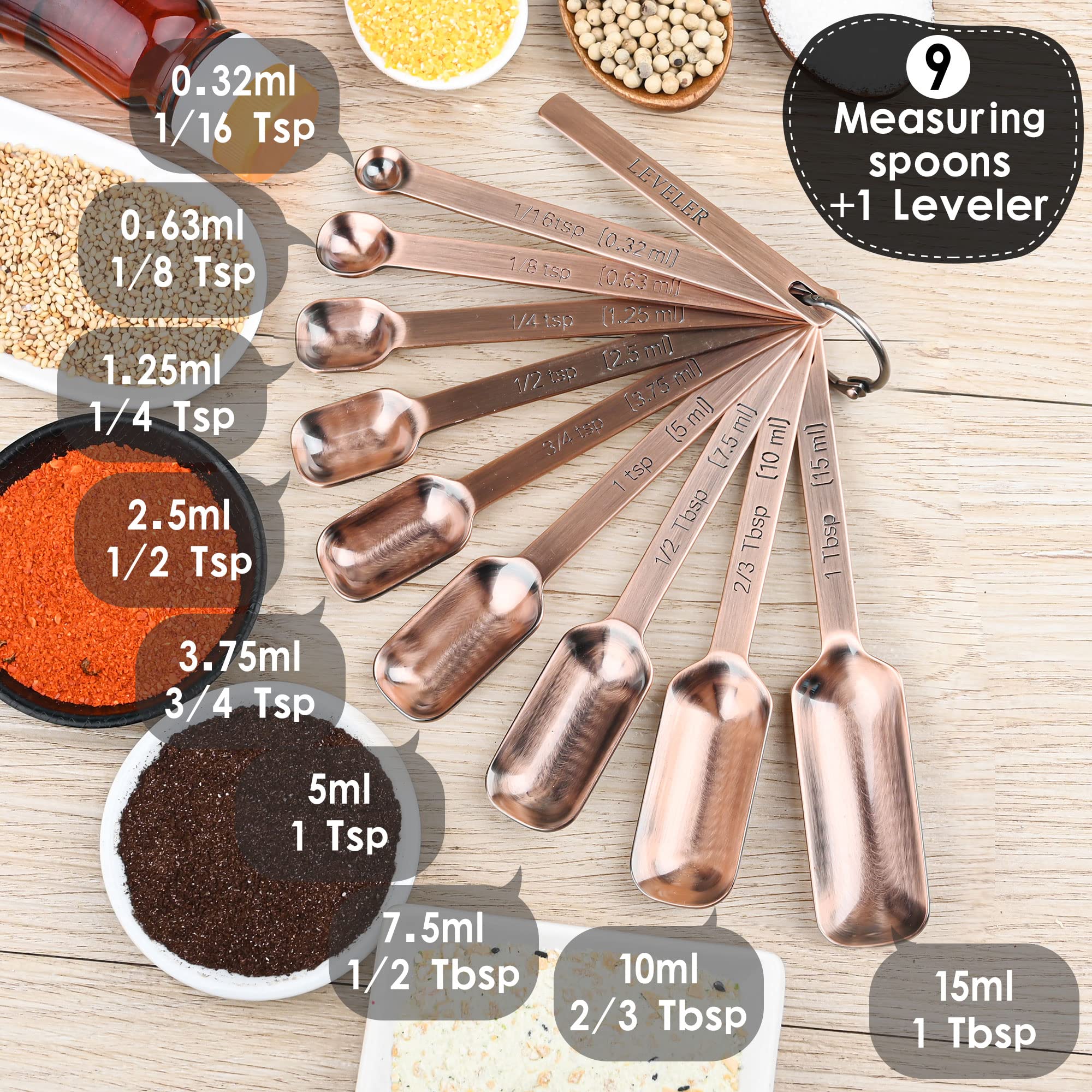 Kupfer-Messbecher- und Löffel-Set, Edelstahl-Messbecher und Löffel, metrisch, 7 Messbecher und 9 lange Messlöffel, 1 Nivellierer und 1 Umrechnungstabelle für Küche, Kochen und Backen