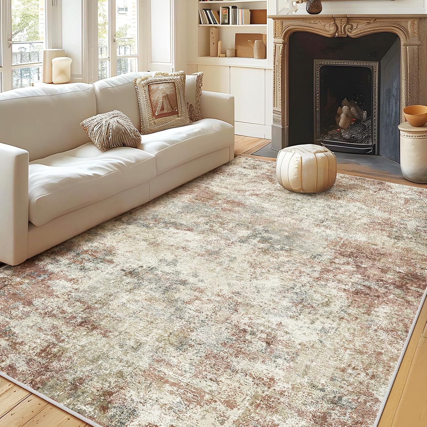 WITSHOCK 8x10 Area Rugs for Living Room : Machine Washable - Non Slip Modern Abstract Rug for Bedroom Under Dining - Stain Resistant for Household - Pet Owners (Rust Color) 8' x 10' (Rectangular) Brick Red/Off-white/Light Gray