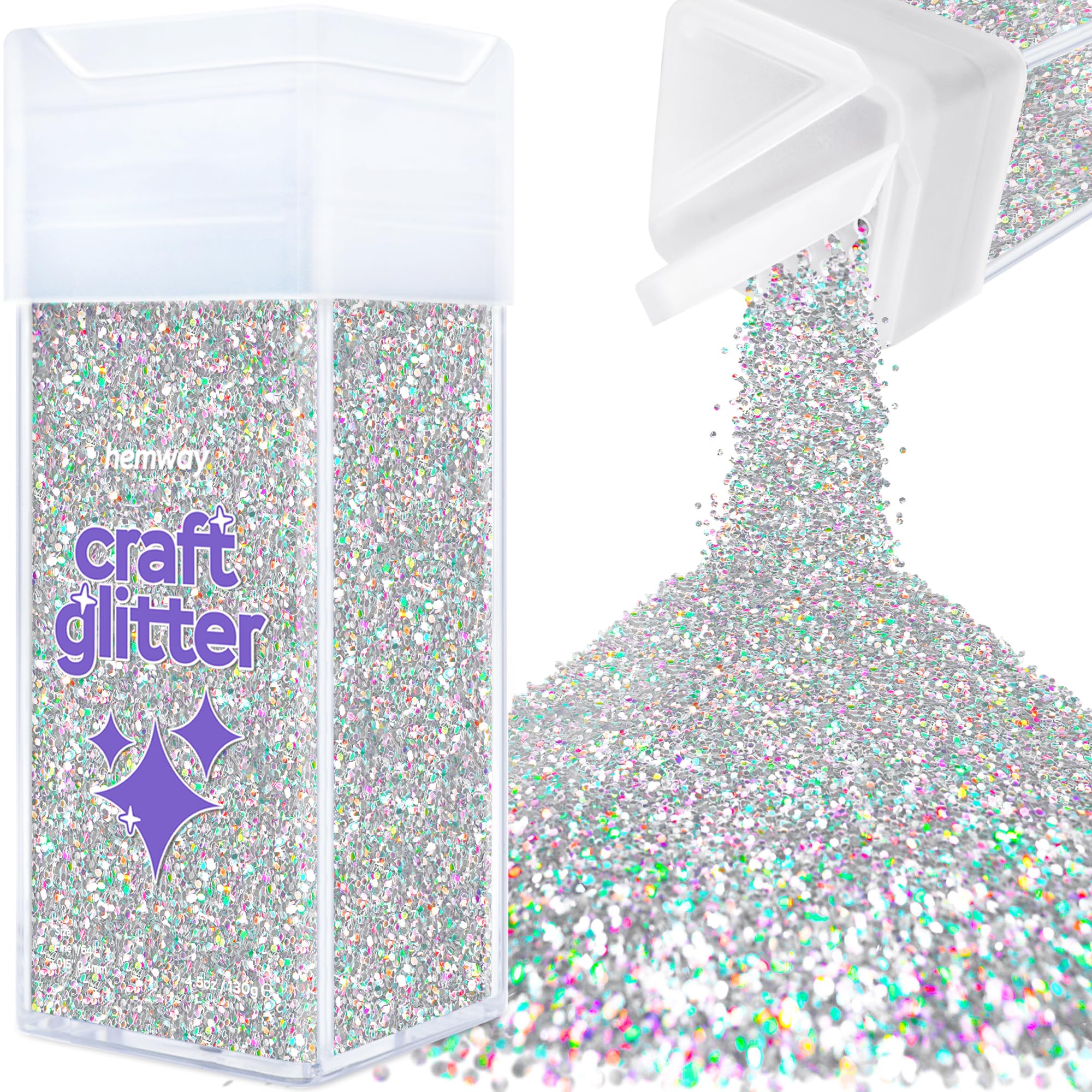 Hemway Premium Craft Glitter Shaker - Silver Holographic | 130g Fine Metallic Flake Sequins for Resin & Epoxy Crafts | Craft Supplies for Festival, Tumblers, Body, Face, Eye & Nail Art