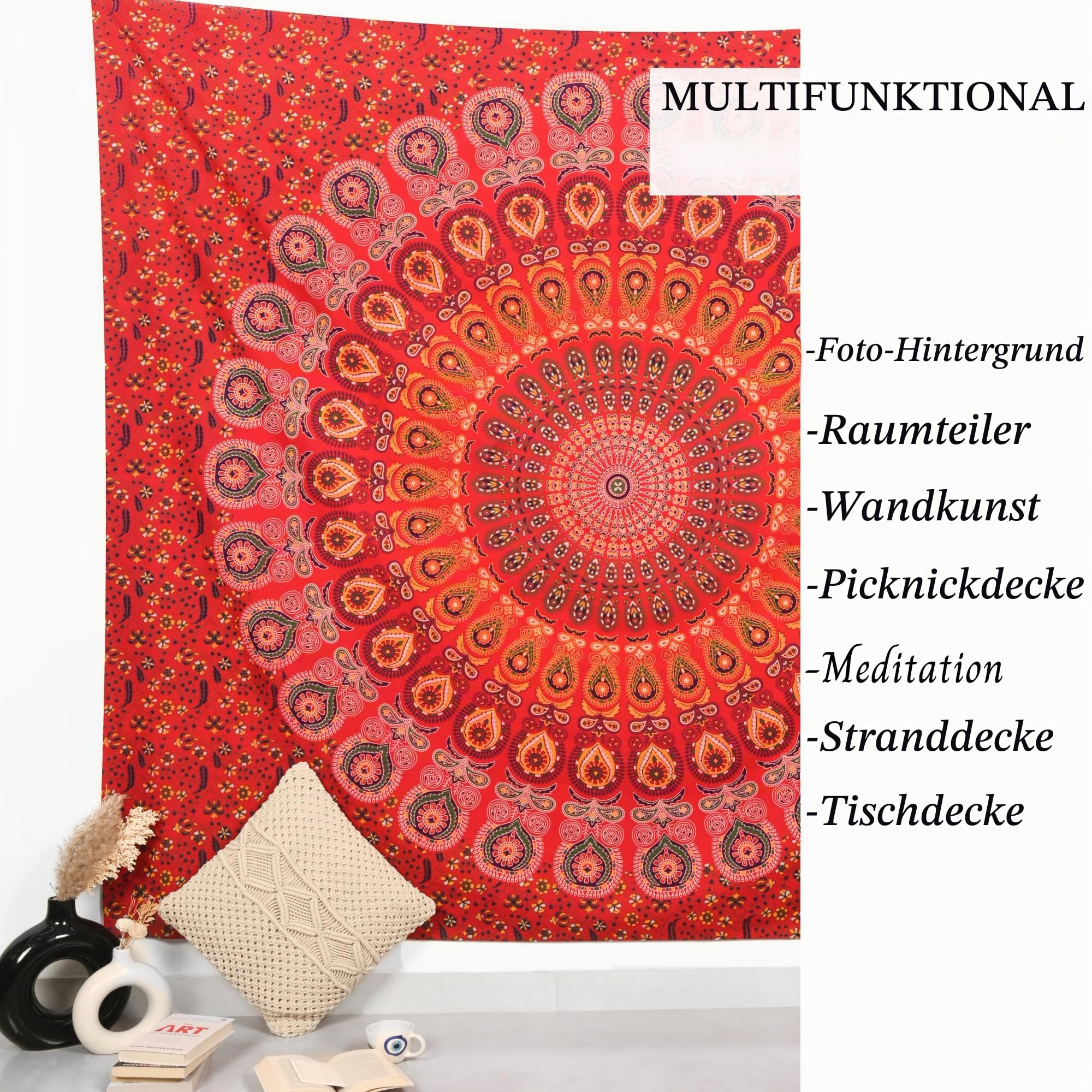 Hippie-Wandbehang, Wandteppich, goldenes Rot, King-Size-Größe, 228,6 x 213,4 cm, Boho-Elefant-Mandala, Wohnheim-Dekoration, Meditation, böhmische Baumwoll-Wandteppiche