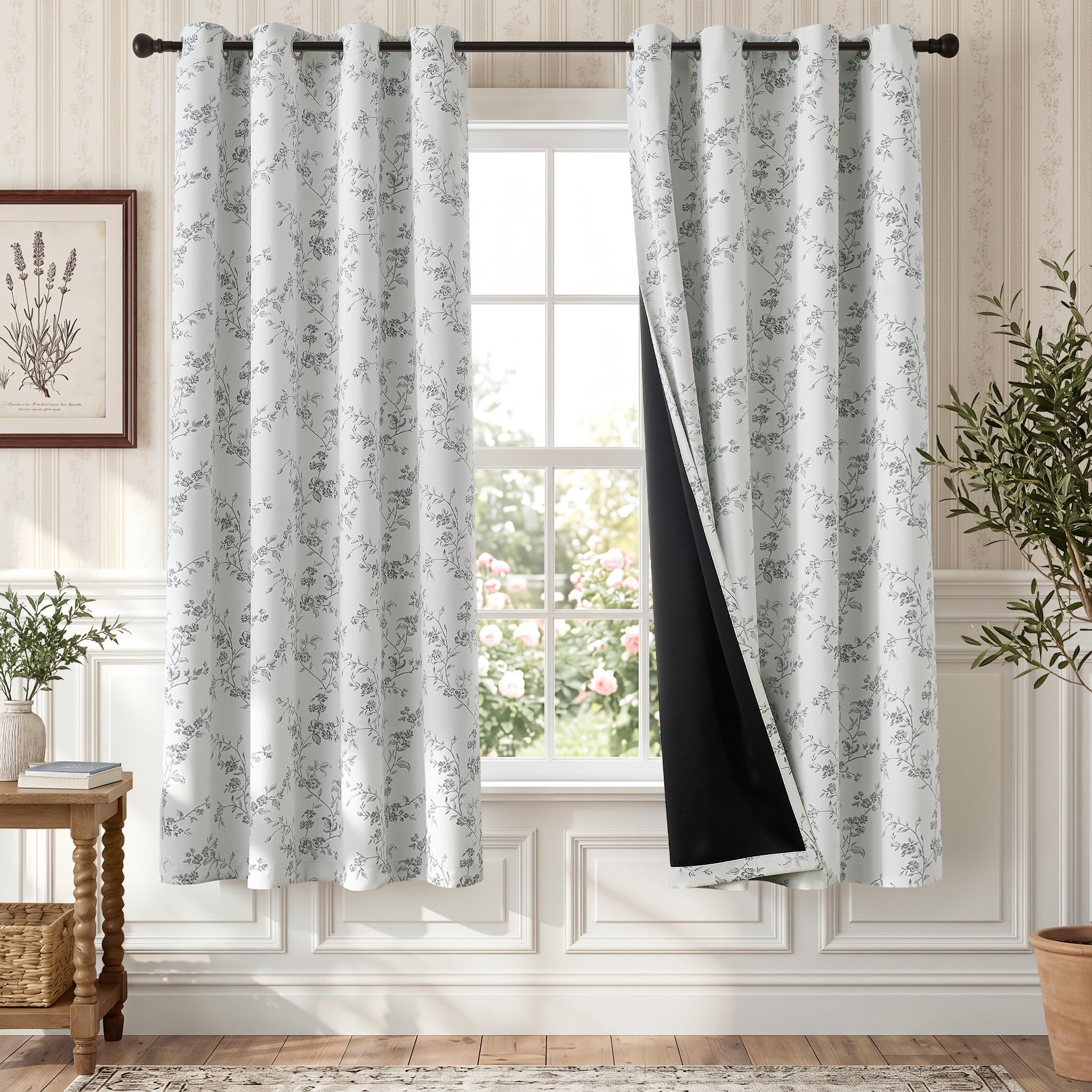 TOPICK Floral 100% Blackout Curtains for Bedroom Living Room W52xL72 Grey