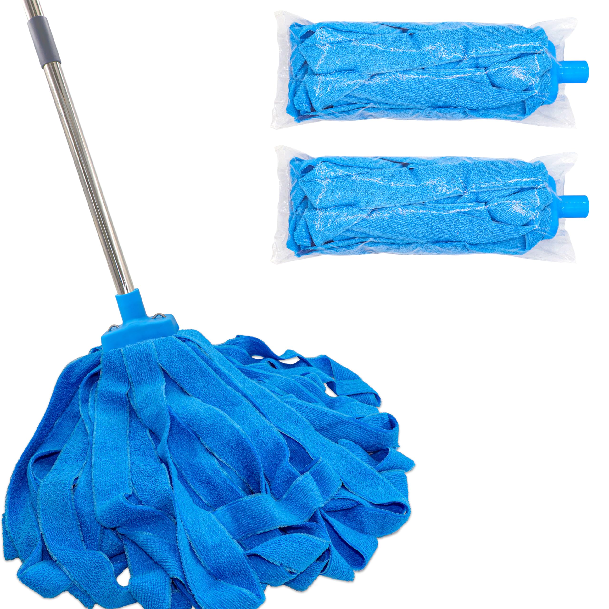 screw on microfiber string mop one stainless steel pole  two blue microfiber cloth mop heads