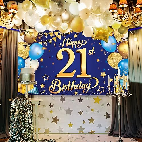 Miniatura 2 de KatchOn, Cartel de feliz cumpleaños número 21 azul y dorado, extragrande, 72 x 44 pulgadas, decoraciones de cumpleaños número 21 para él, azul y