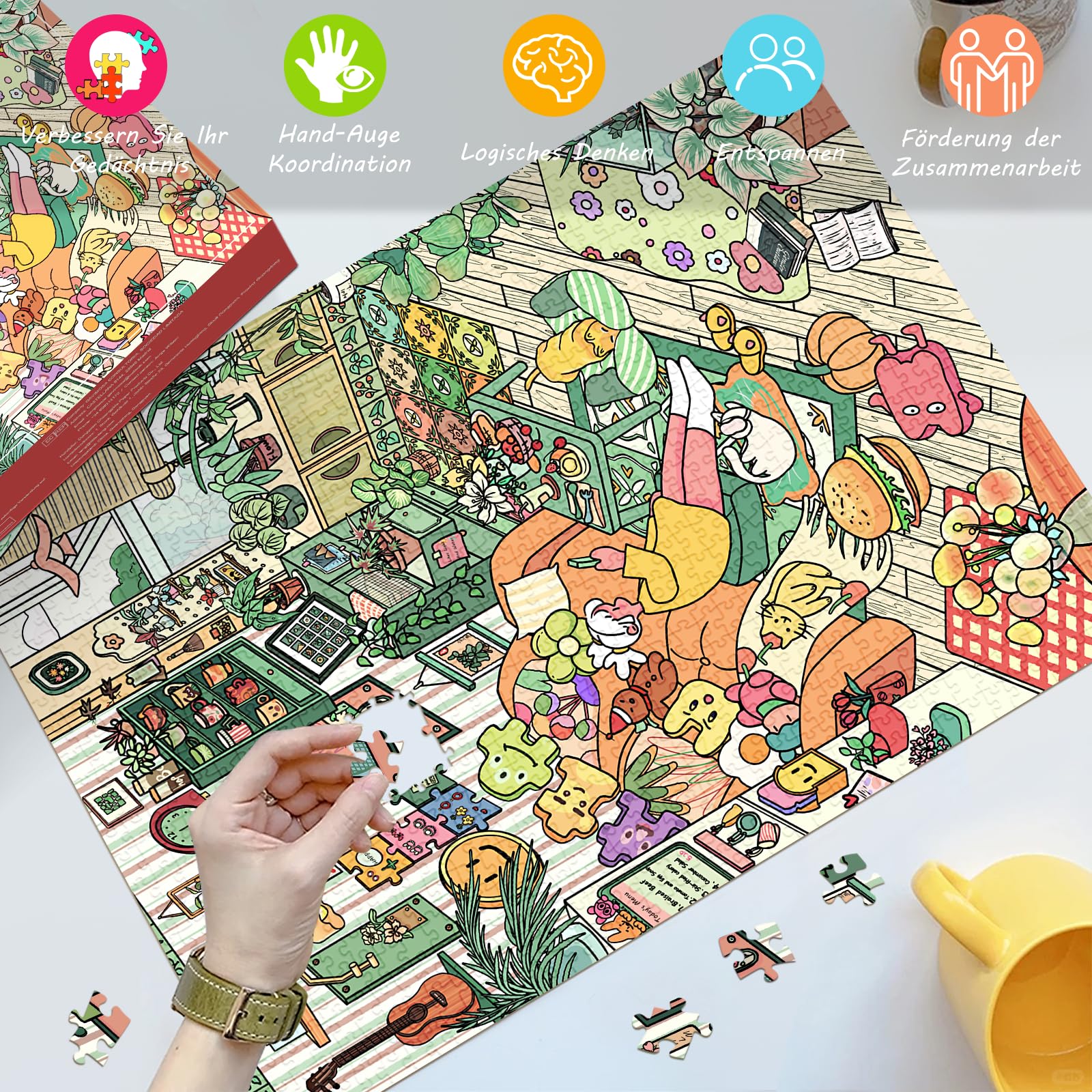 HUADADA Puzzle 1000 elementów, 1000 elementów, dla dorosłych, interaktywne puzzle rodzinne, klasyczne, na prezent, przytulny, mały świat