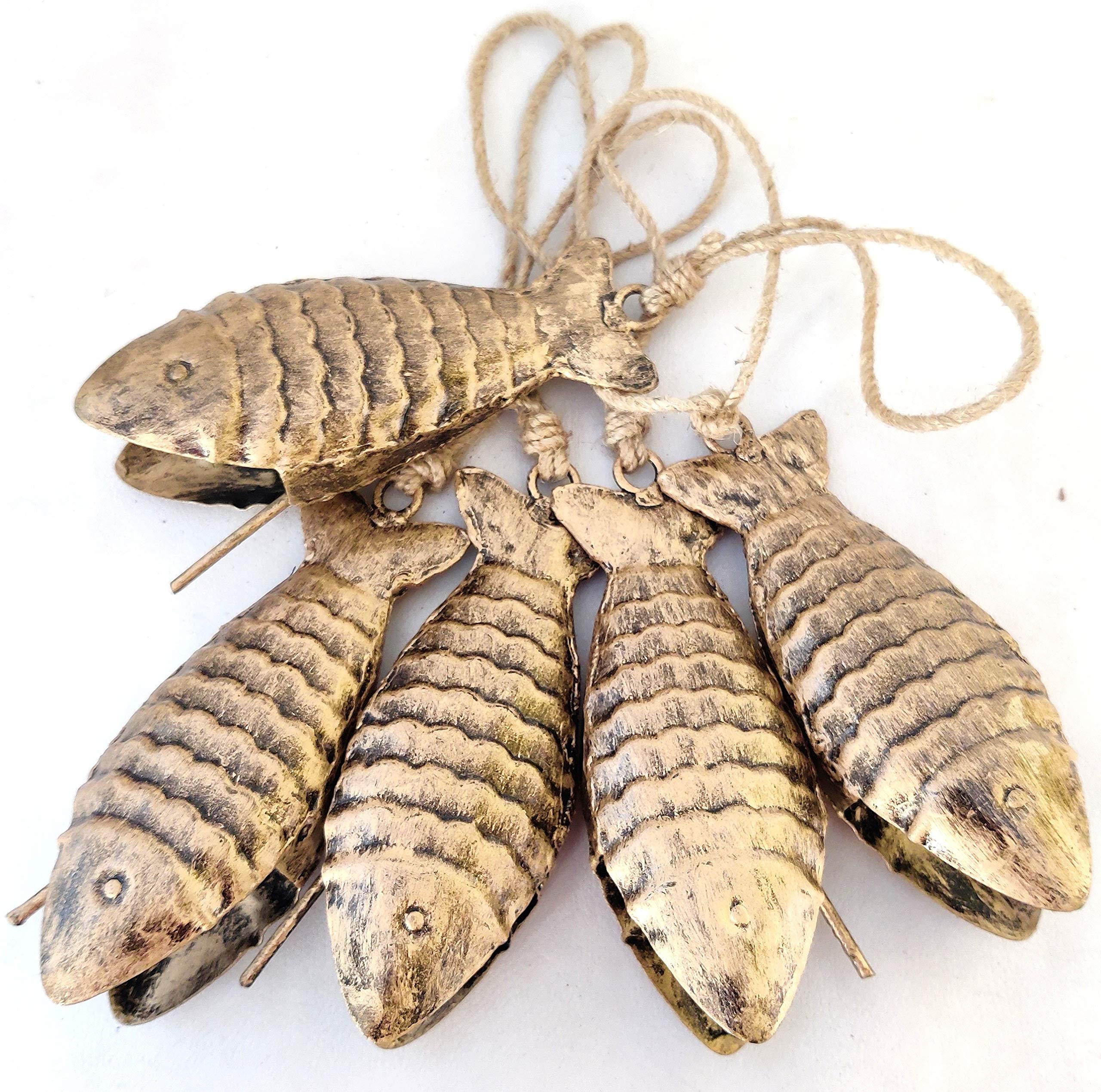 HIGHBIX 15cm Rustic Fish Shape Bells On Rope Christmas Hanging Décor Set of 5 Vintage Lucky Bell's - Image 3 thumbnail
