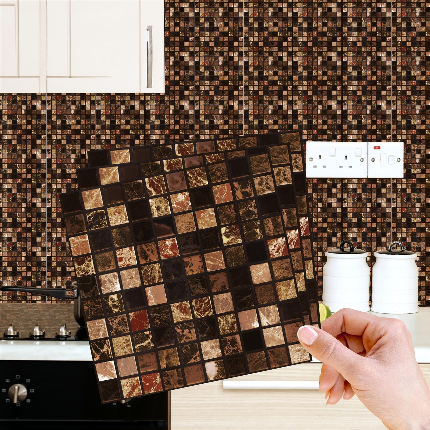 WALPLUS 48 PCS 15cm (6") Metallic Brown Marble Mosaic Tile Stickers | Peel and Stick Self-Adhesive Wall Tiles for Kitchen & Bathroom Backsplash or Tile Upgrade