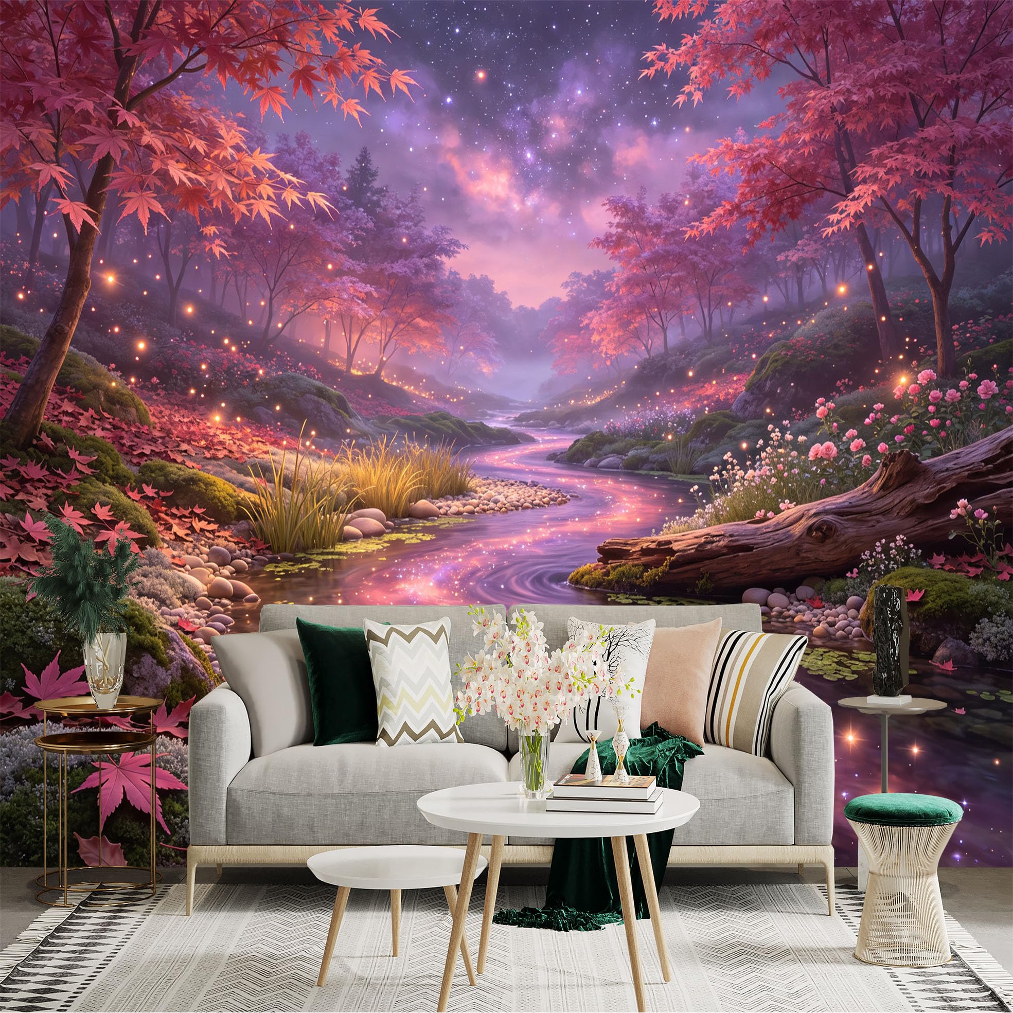 Lnzczhyre Bh260719563 Custom Size Wall Sticker Mural， Enchanted Autumn Forest Stream， Pink Maple Trees， Glowing Galaxy Night Sky， Dreamy River Landscape， For Wall Decoration， Peelandstick Wall Decals.
