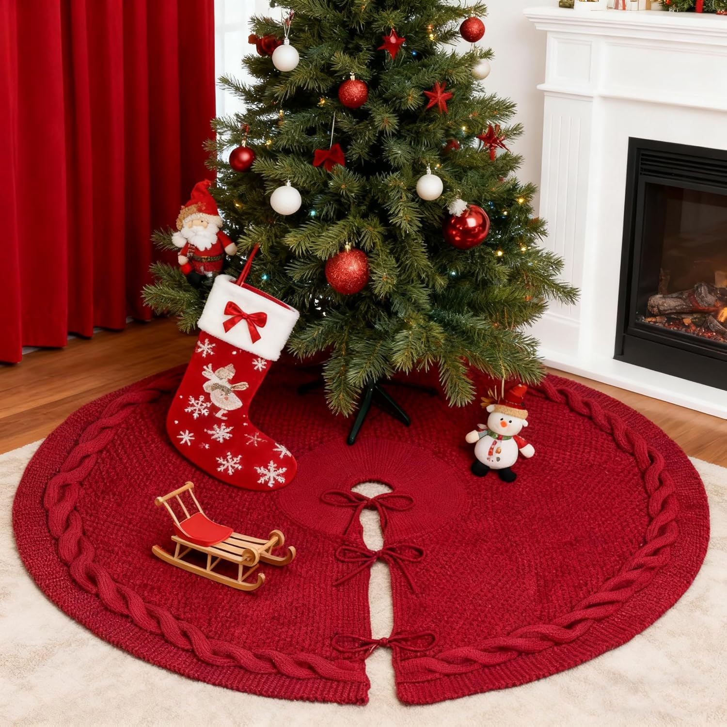 36-Inch Christmas Tree Skirt, Twisted Tie-Belt Knit Tree Skirt, Retro Rustic Farmhouse Christmas Decor, Round & Substantial, Fits 4-6 FT Xmas Trees, Perfect for Parties, Holiday Home Decor(Red)