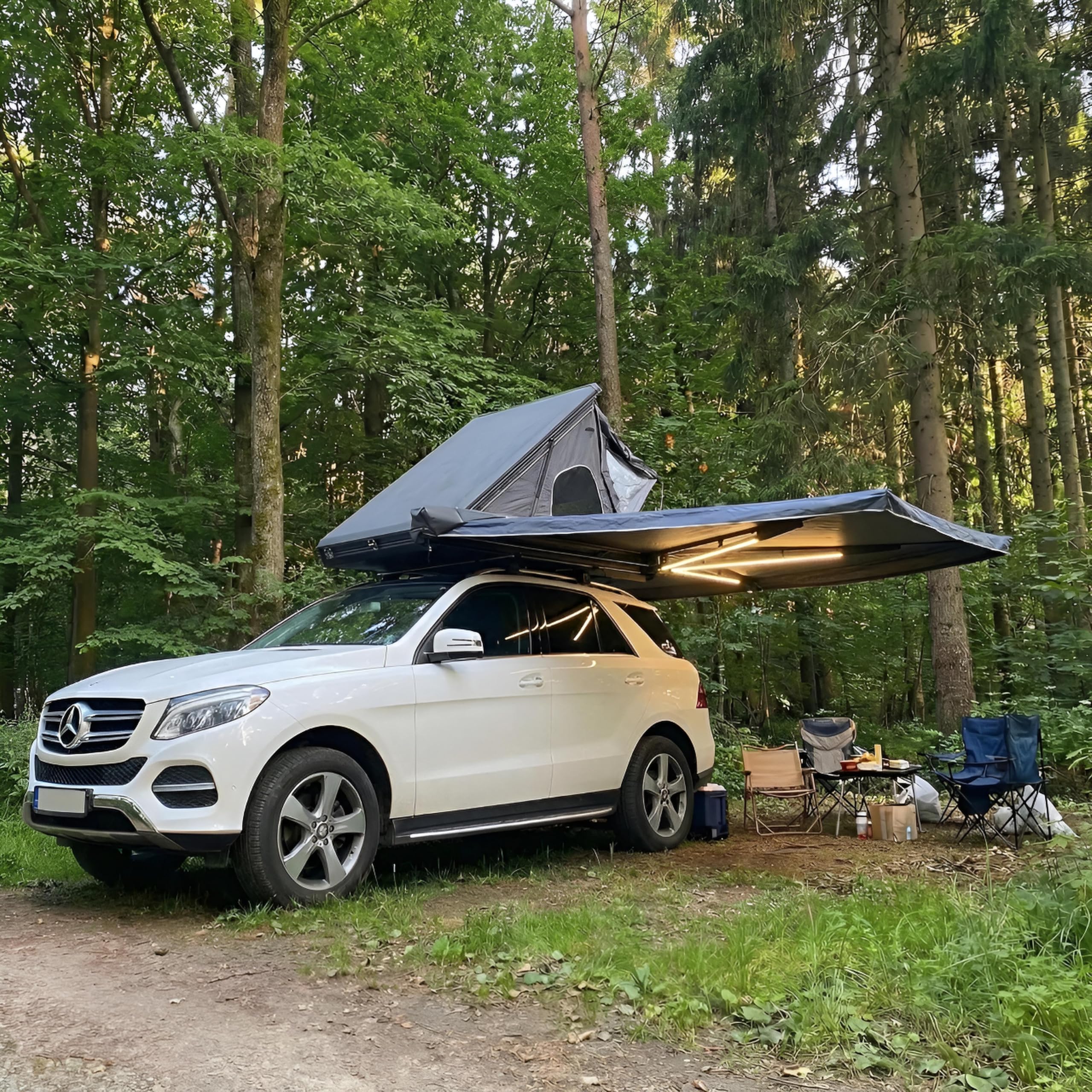 Markisenvorzelt 270° Autodachmarkise Auto Markise, Vordach, Dachzelt Schwarz/Grau LED (200x200cm für die Beifahrerseite)