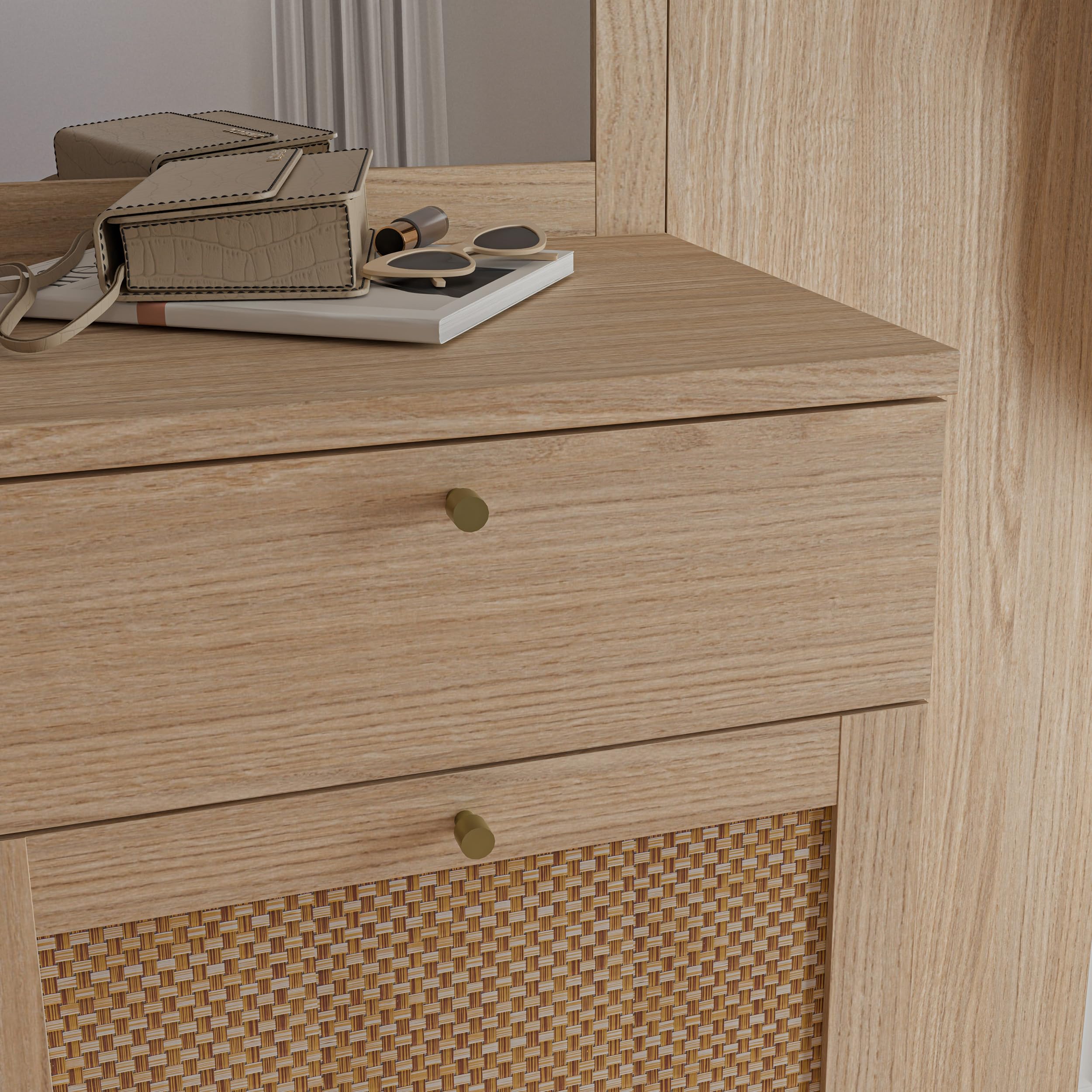 Forte CALASETTA Garderobe 90, 1 Schubladen, 1 Tür, mit Spiegel, Kleiderstange und Ablageflächen, Holzwerkstoff, Elegancia Eiche Holzdekor | Technorattan, 90,4 cm breit x 198 cm hoch x 41,4 cm tief